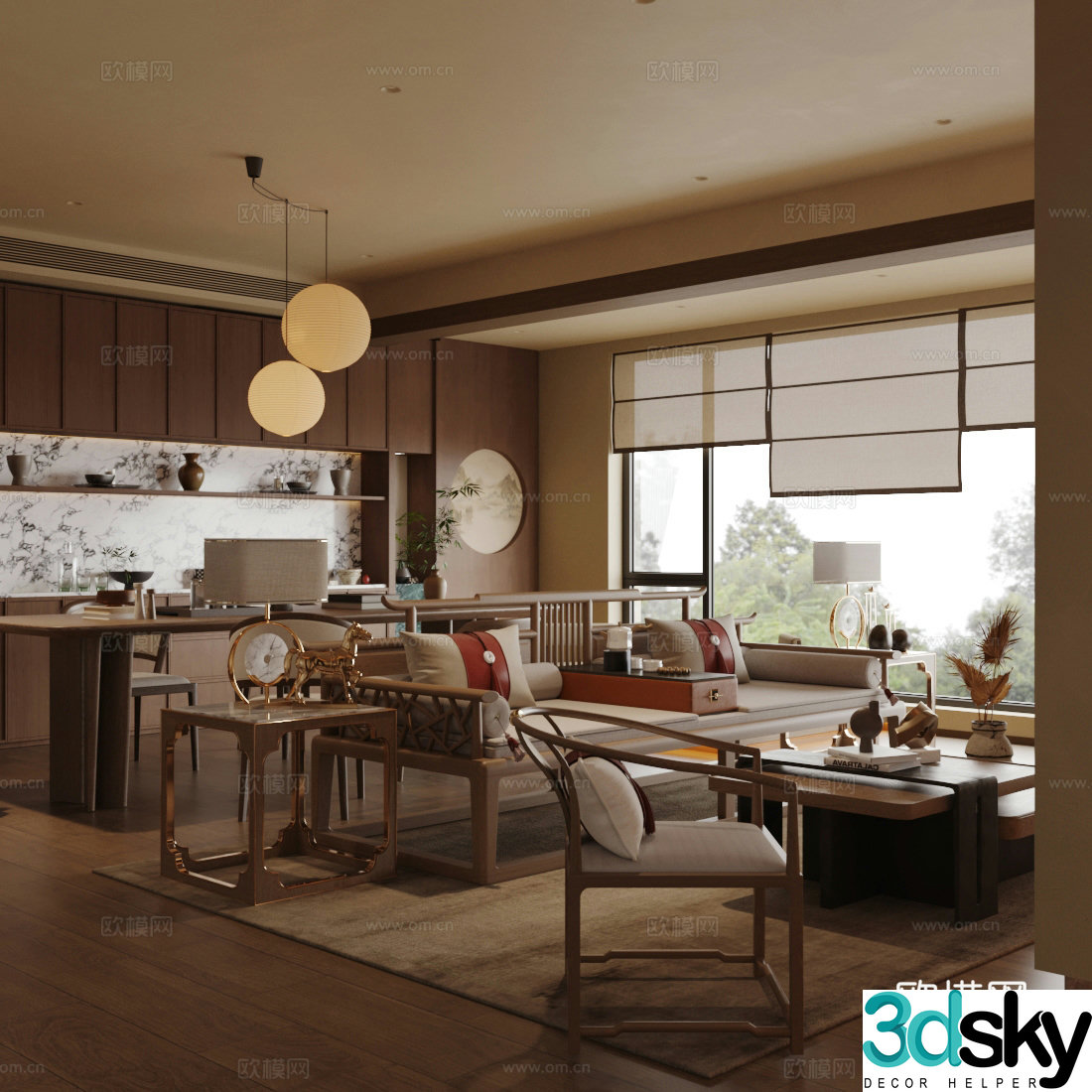 New Chinese Zen Home Living Room Song-style Aesthetic Living Room Chinese Living Room Sofa Coffee Table Combination 3D Model