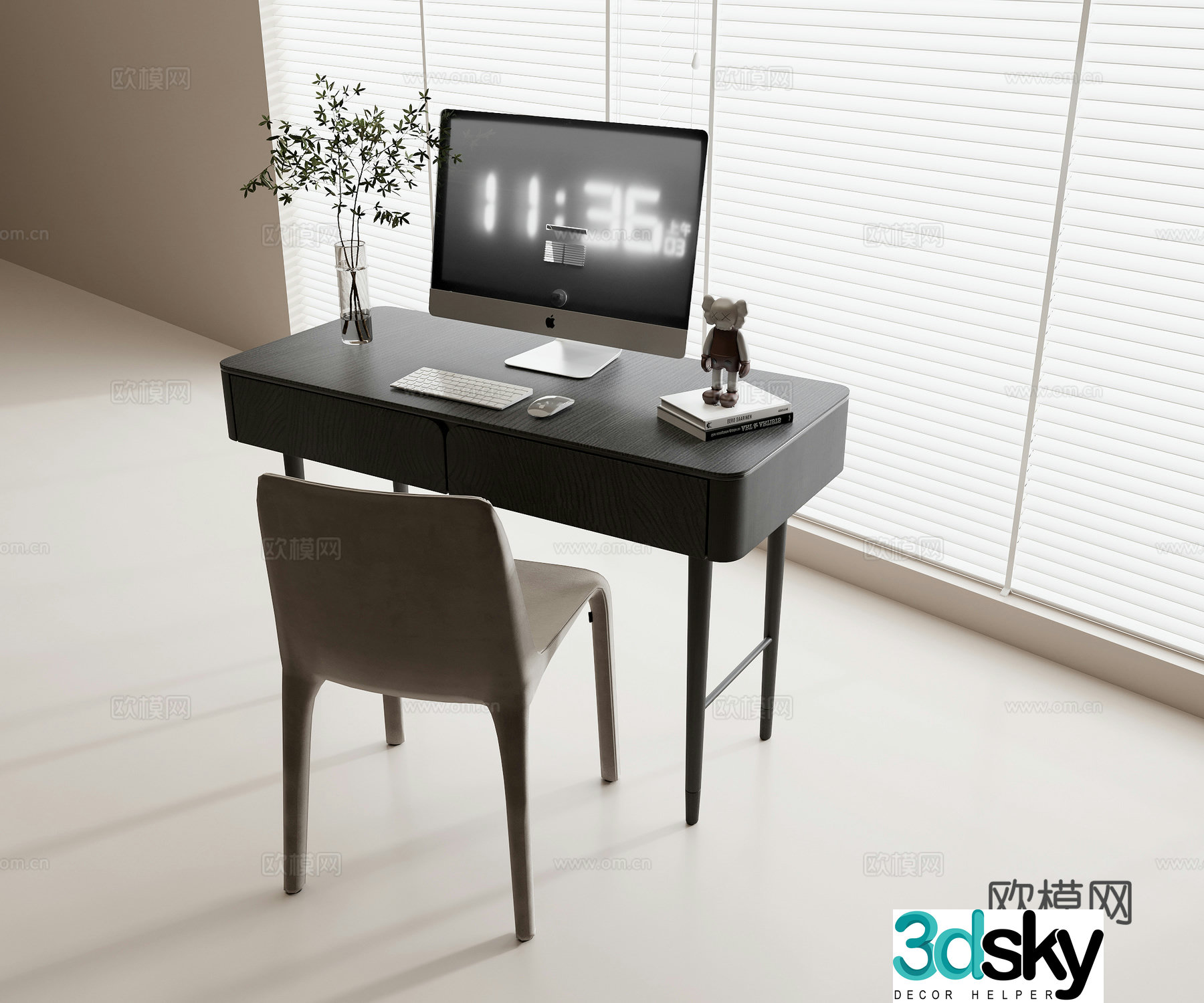Modern desk and chair combination solid wood desk leather single chair desktop computer keyboard and mouse book 3d model