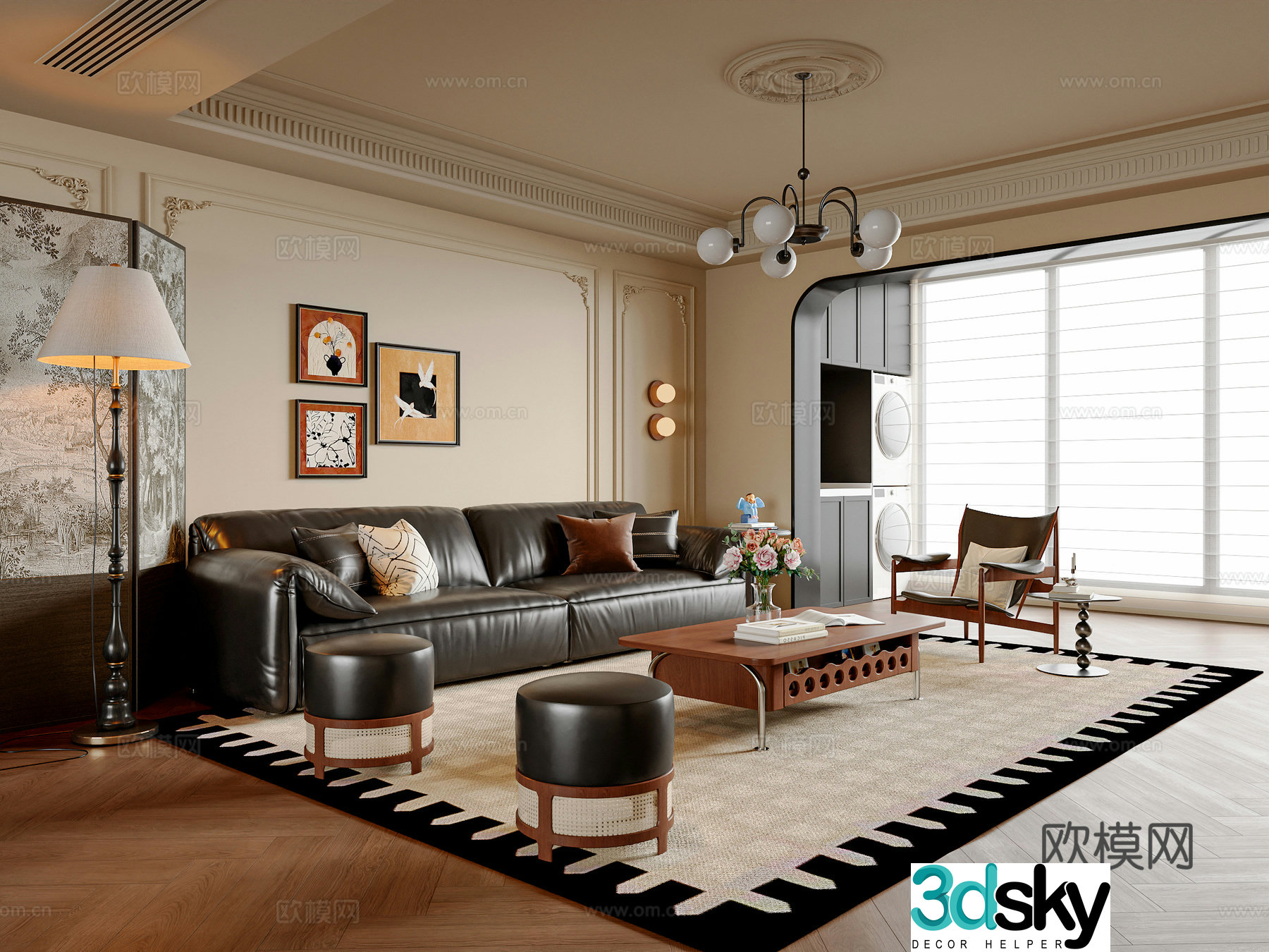 French medieval style living room sofa and coffee table combination leisure chair dunzi coffee table floor lamp 3D model