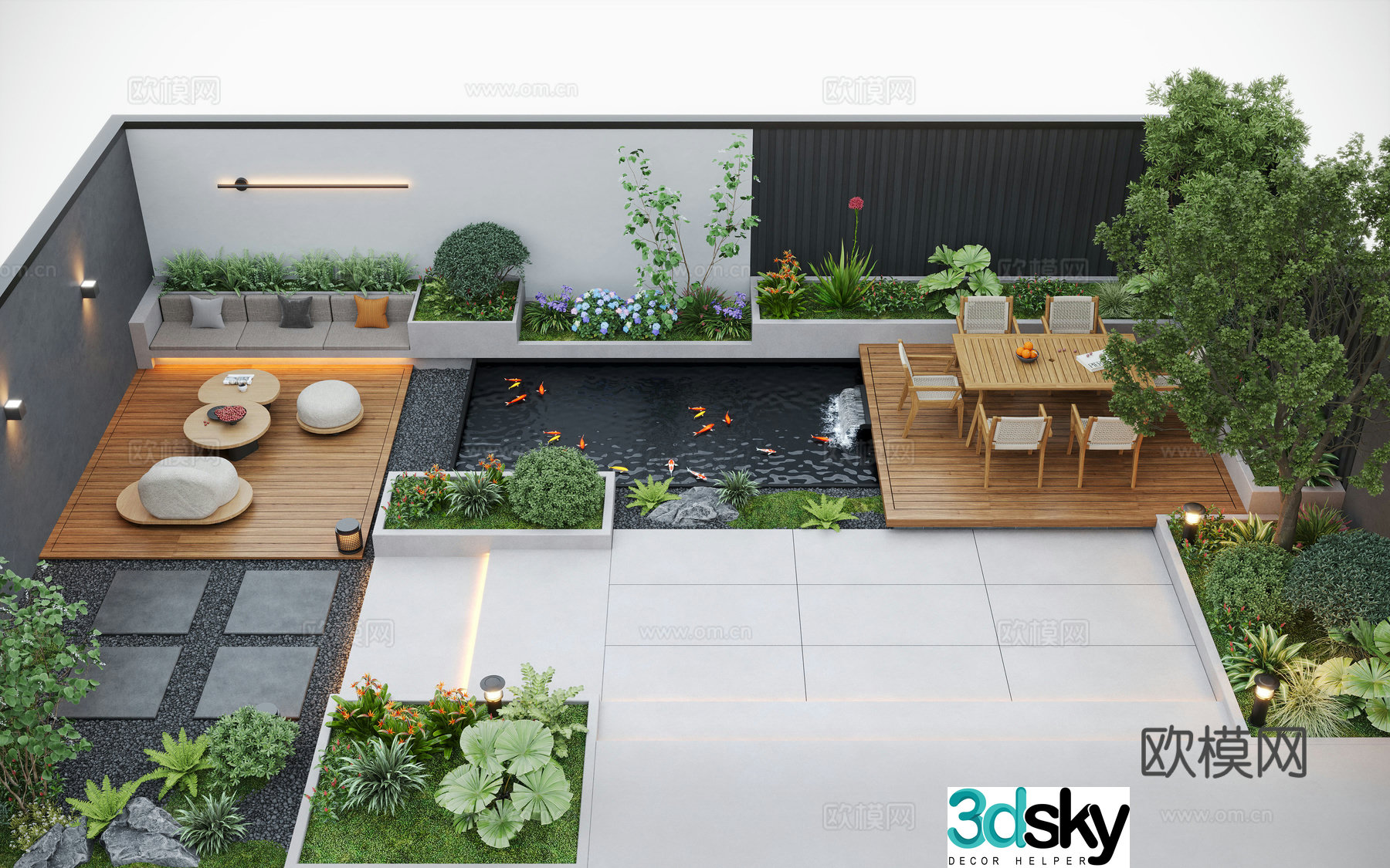 Modern courtyard landscape courtyard garden courtyard water view outdoor leisure chair outdoor dining table 3d model