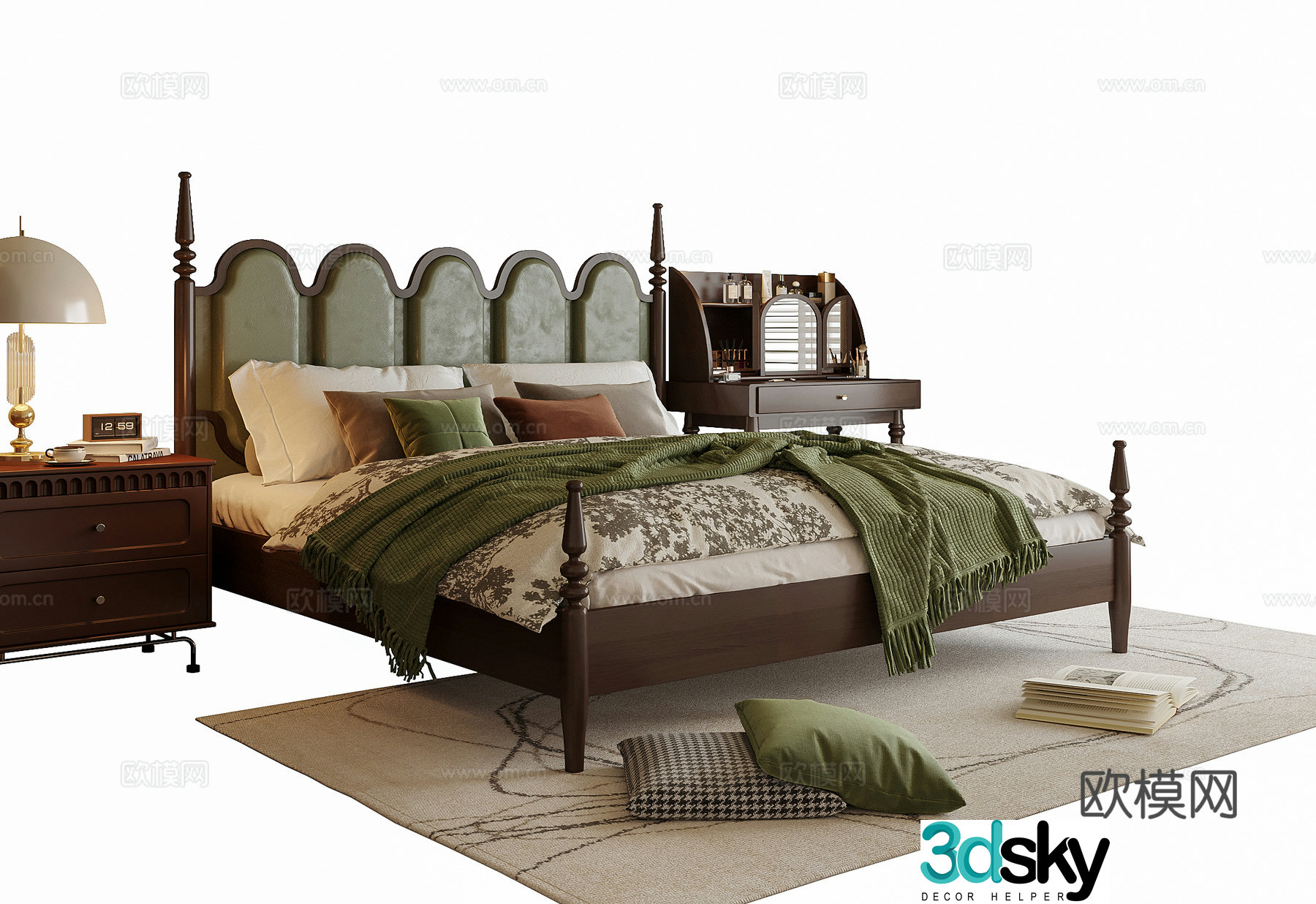 American double bed nightstand dressing table 3d model