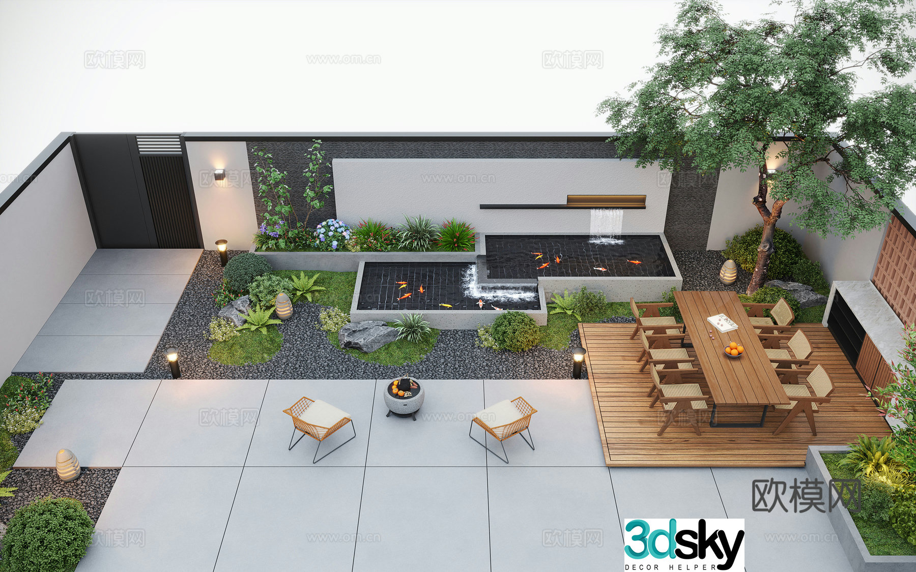 Modern courtyard landscape courtyard garden courtyard water view outdoor leisure chair outdoor dining table 3d model