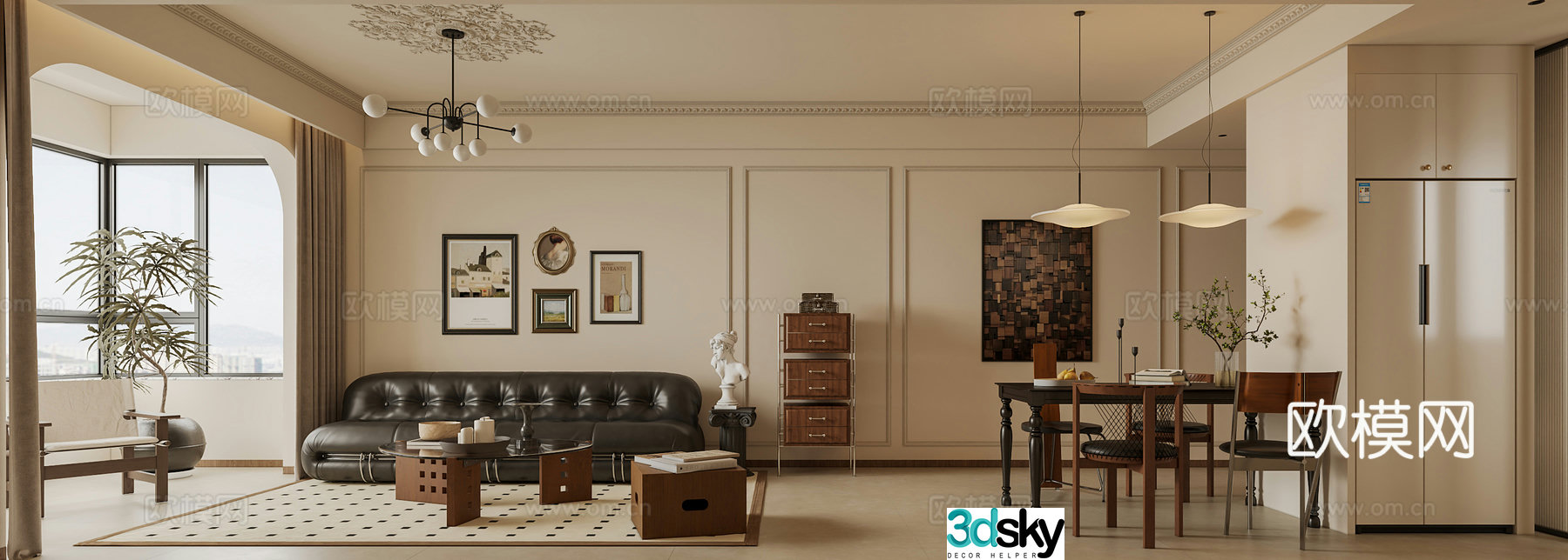 French living and dining room 3d model