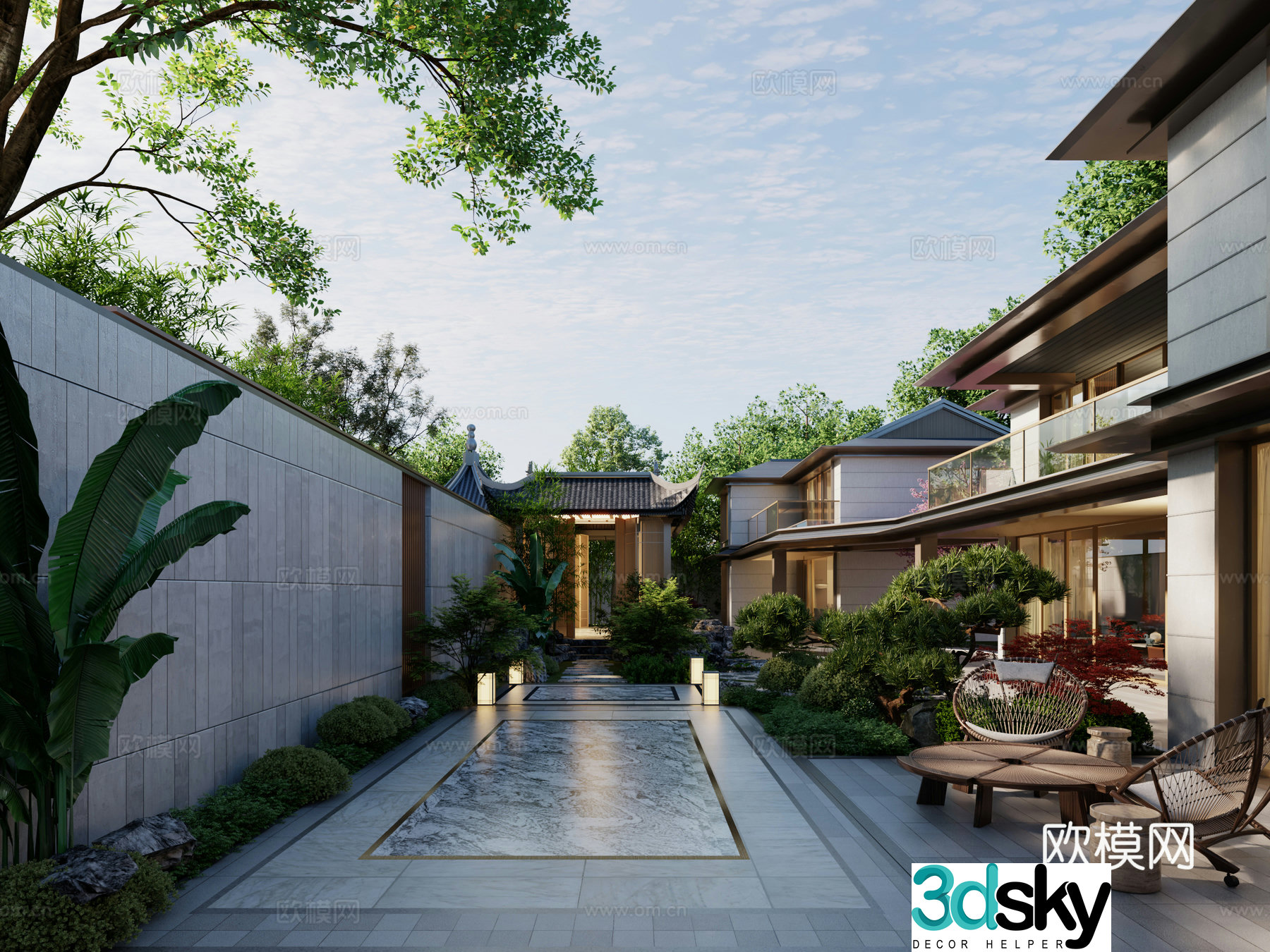 New Chinese style villa courtyard landscape courtyard villa courtyard 3d model