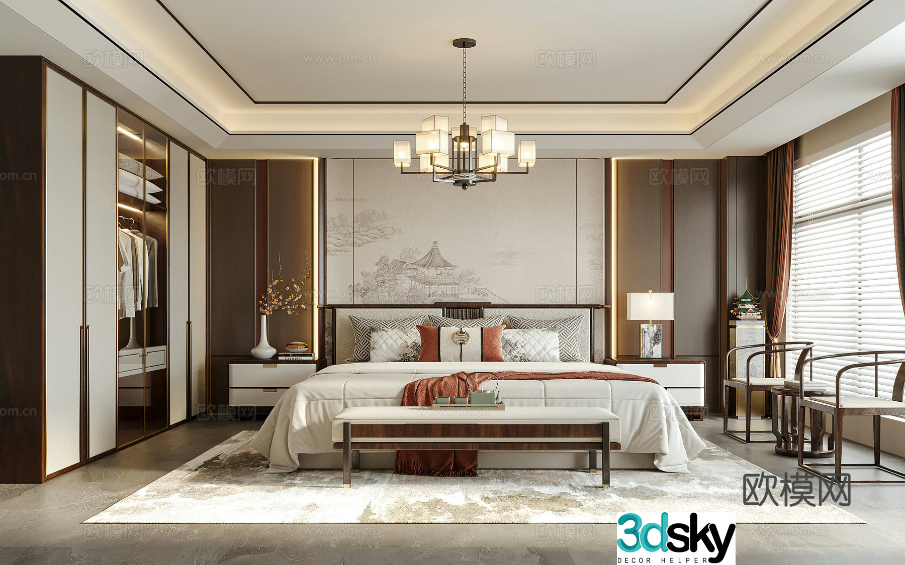 New Chinese style bedroom double bed bed tail stool bedside table bedroom chandeliers desk lamp 3d model