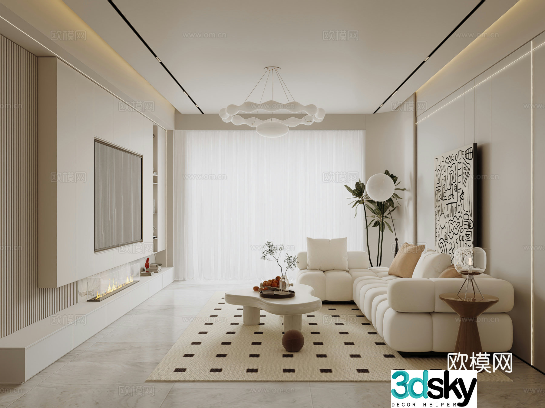 Modern cream home living room 3d model
