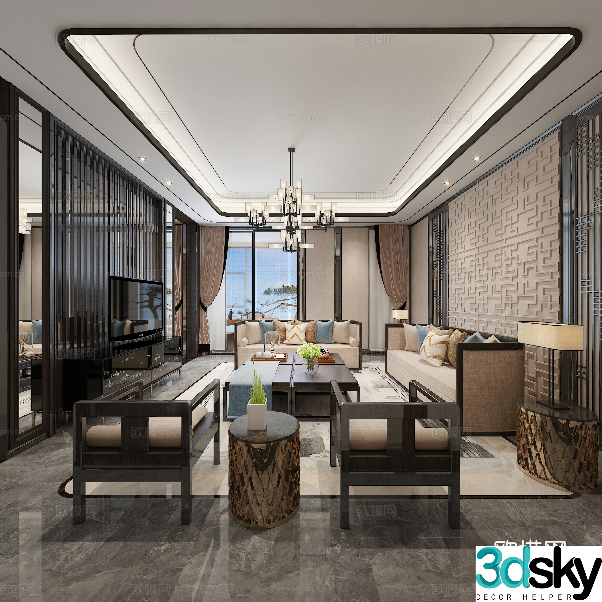 Chinese living and dining room sofa coffee table chandelier dining table chair 3D model