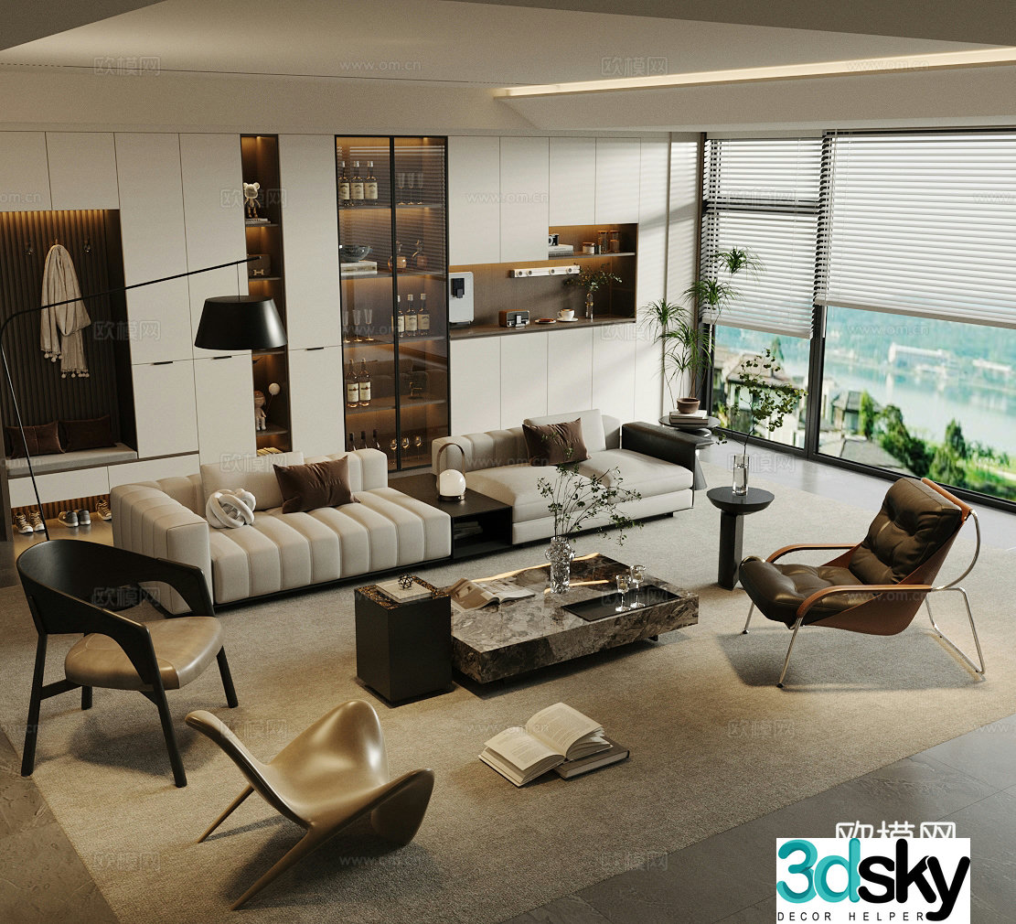 Modern Italian home living room Light luxury Italian living room Living room without lights Black and white gray living room 3D model