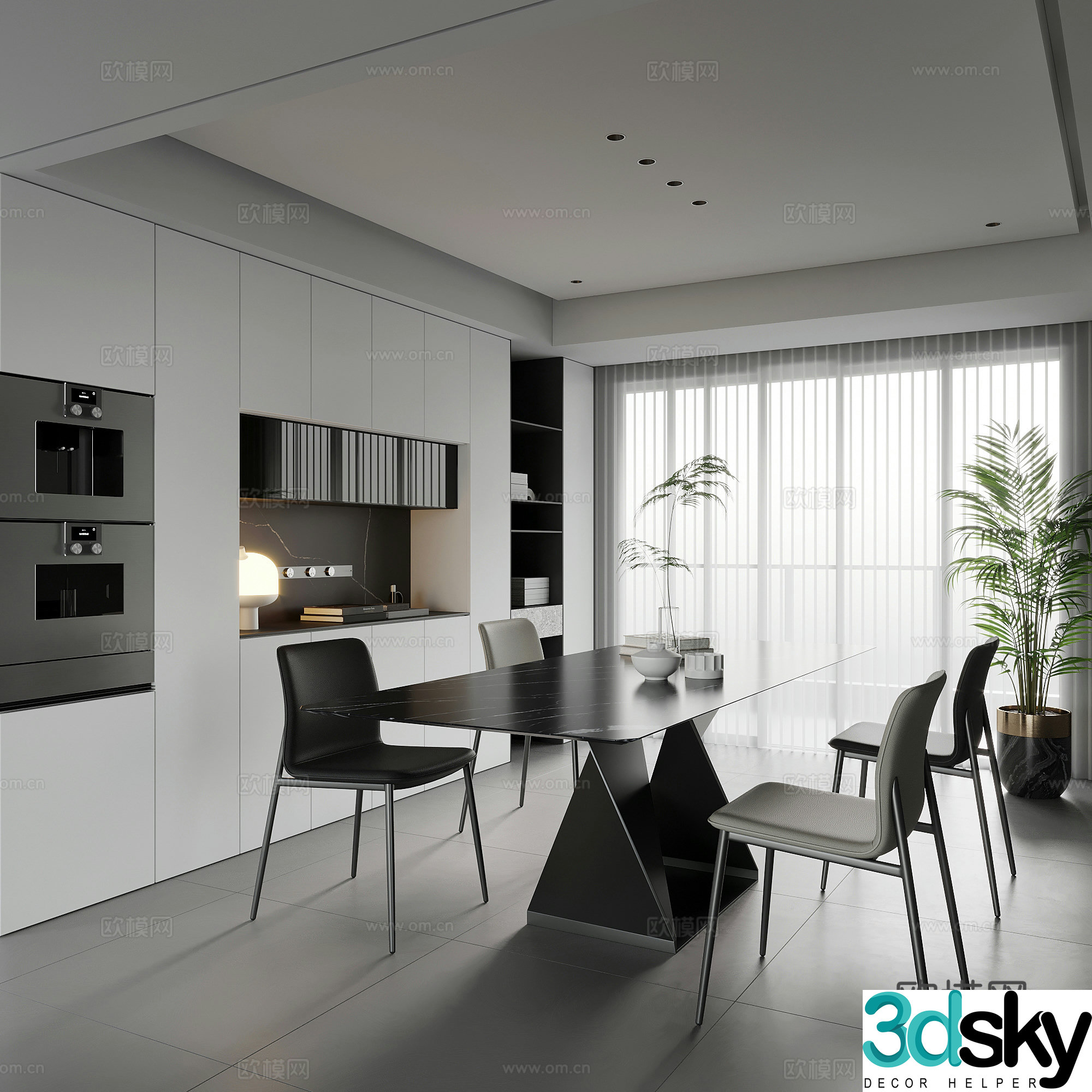 Restaurant Modern minimalist restaurant Dining table and chairs Wine cabinet 3d model