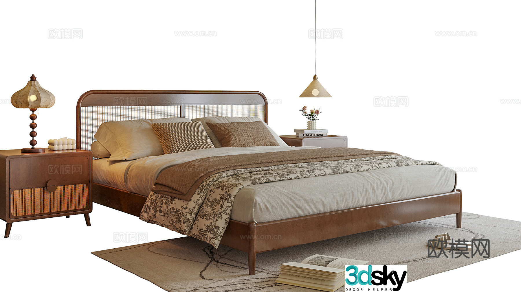 Modern double bed bedside table bedside chandeliers 3d model