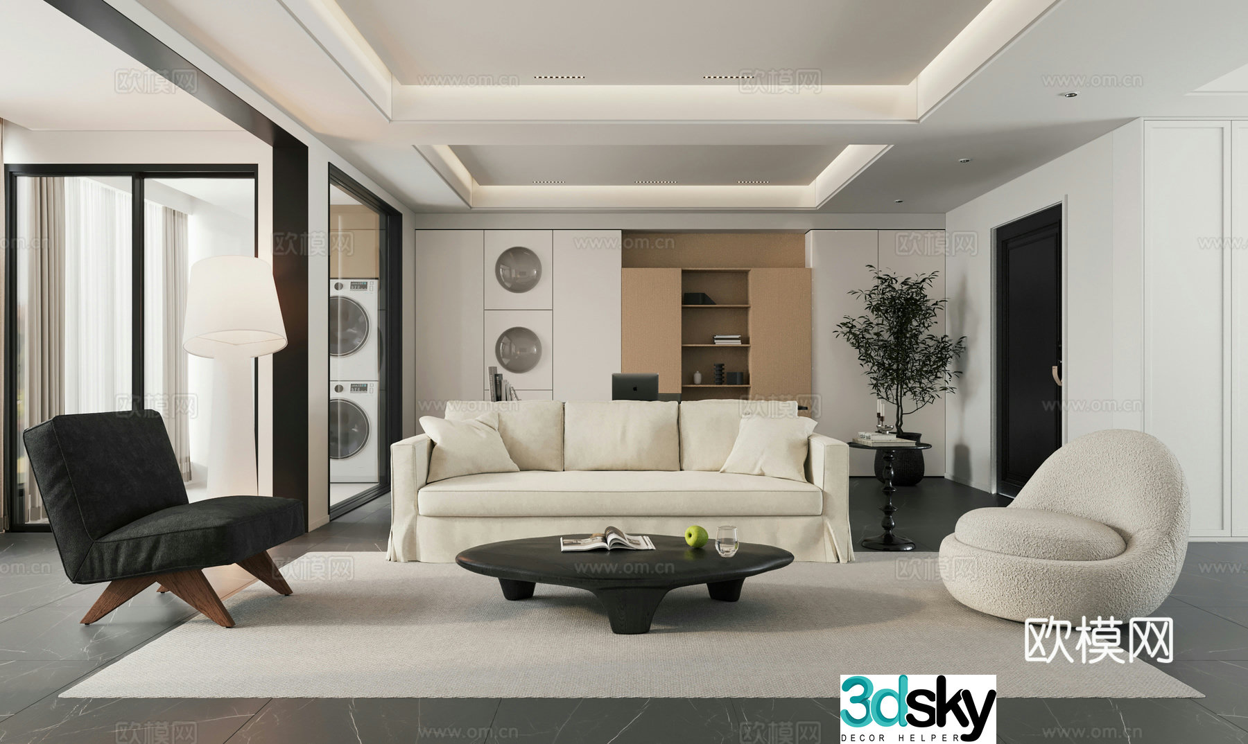 Modern minimalist home living room horizontal hall living room without lights black and white living room large flat living room guest 3D model