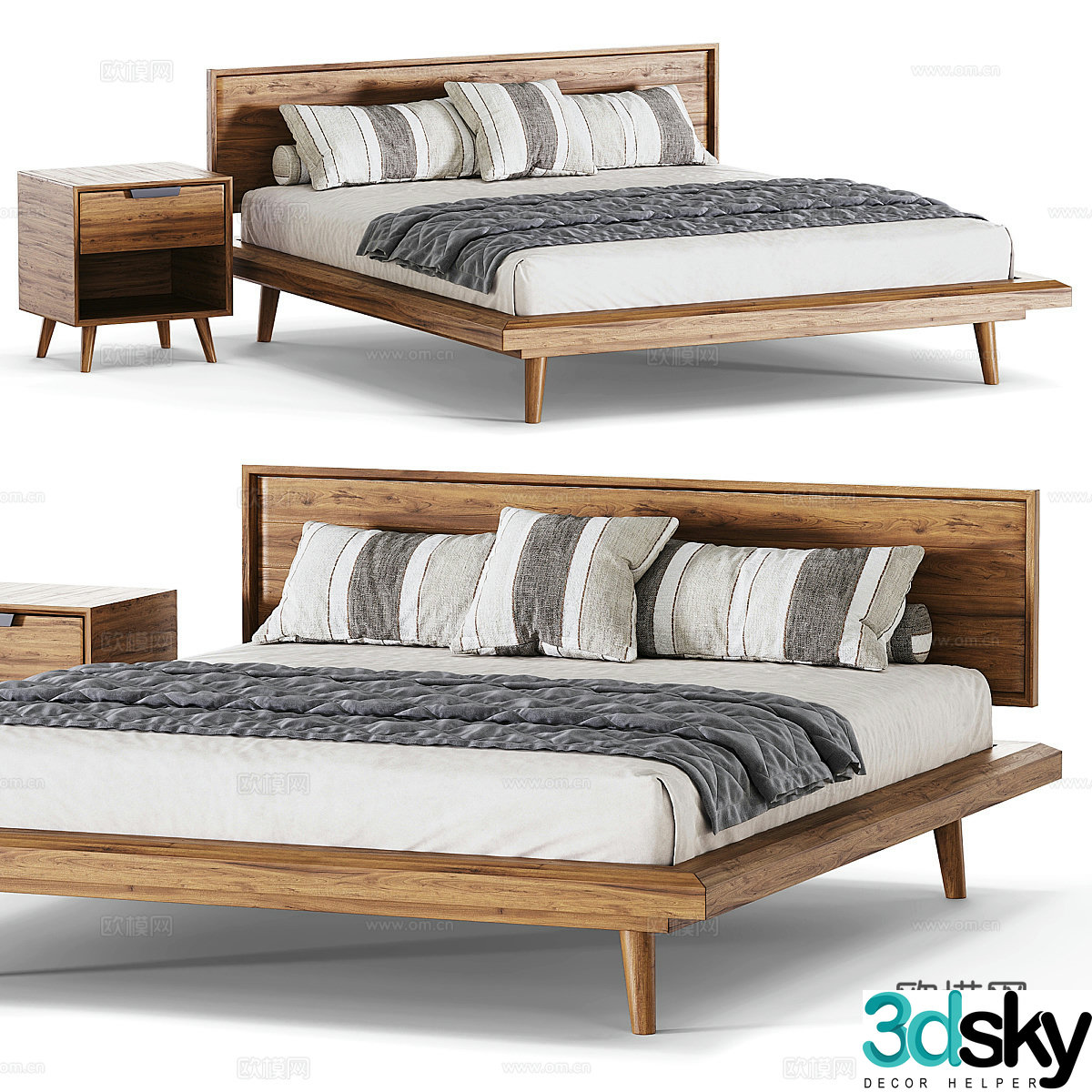 New Chinese style log style double solid wood bed 3D model