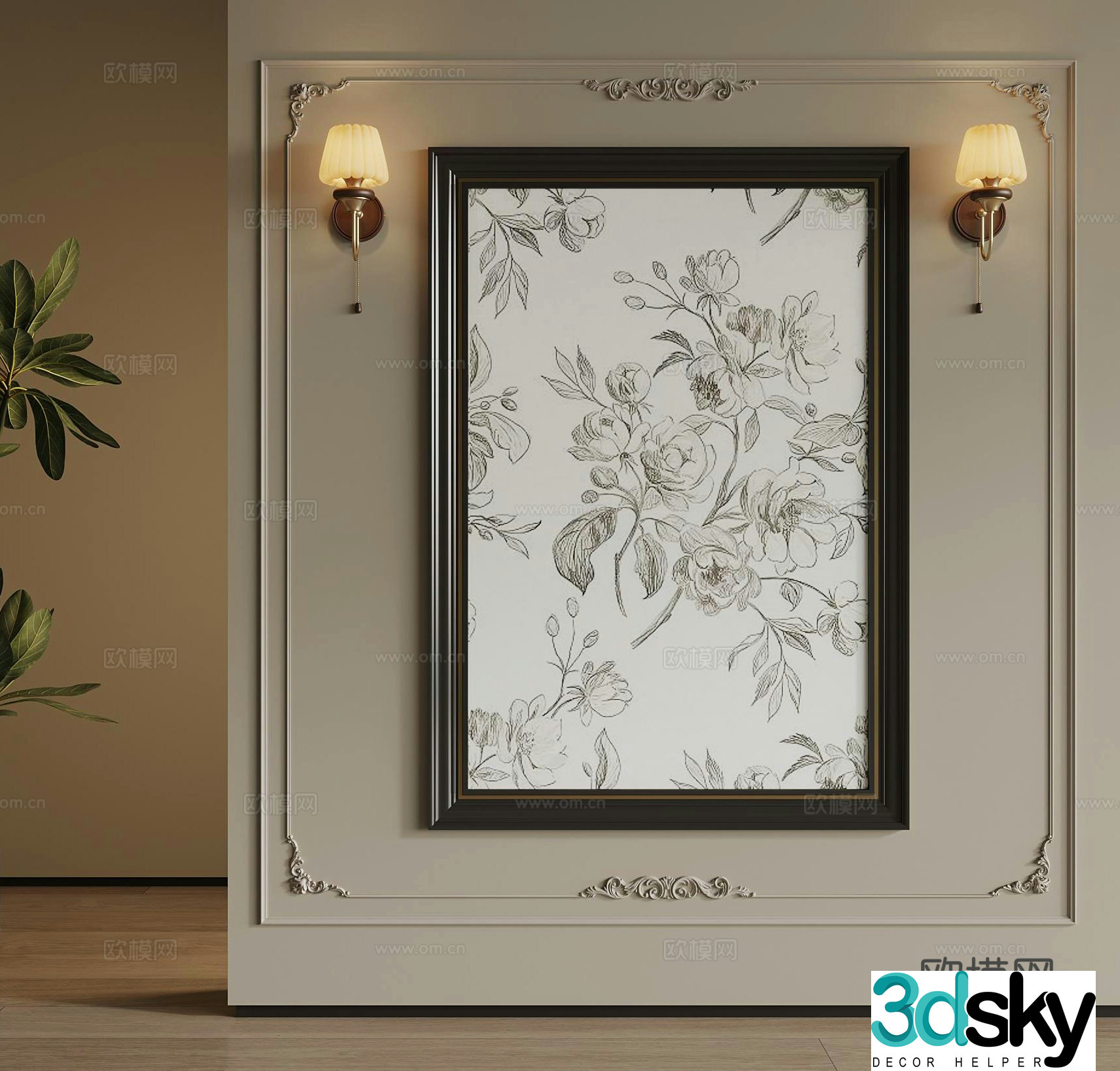 French retro style hanging paintings decorative paintings wall lights 3d model
