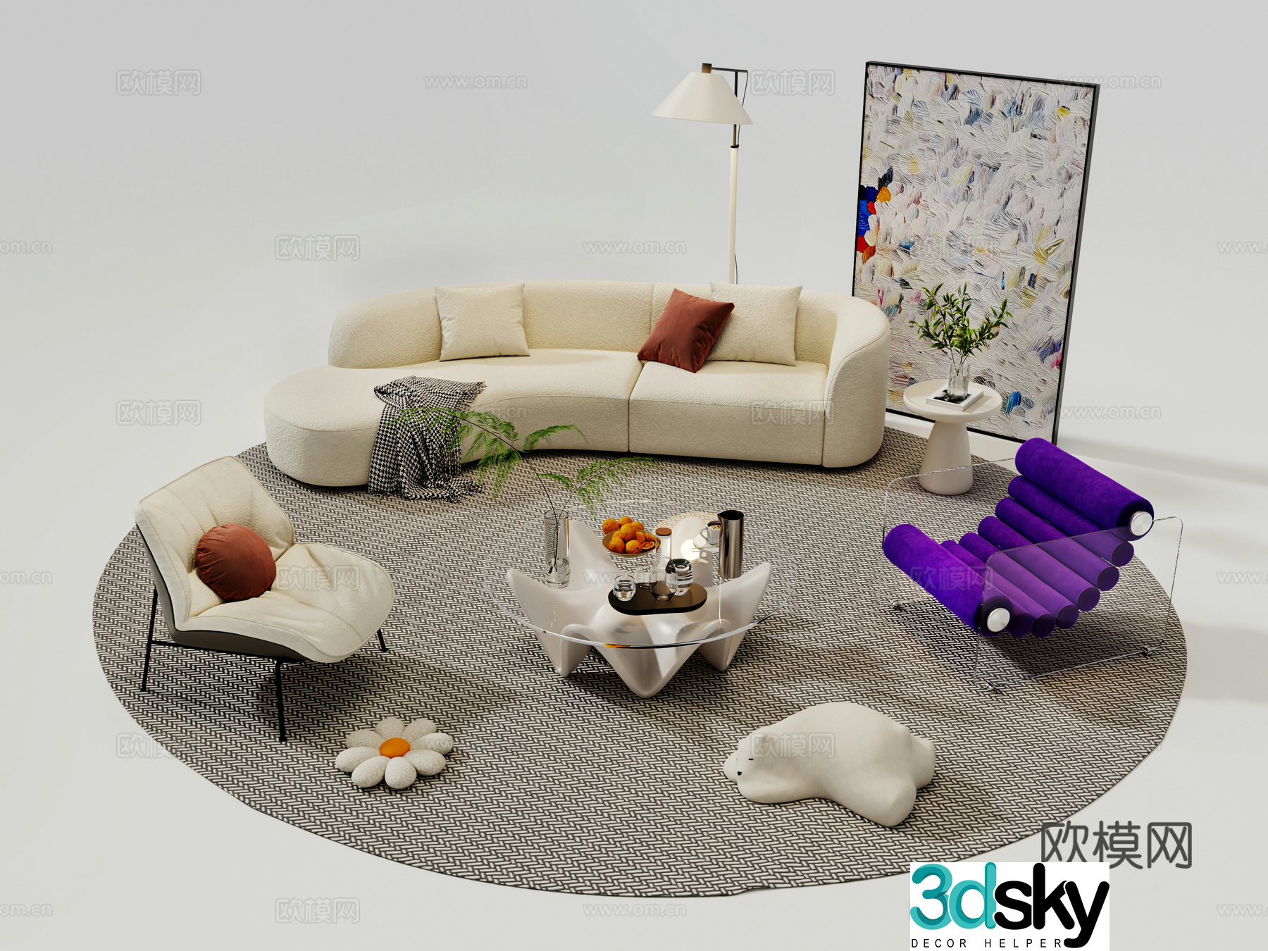 Modern cream sofa combination sofa coffee table combination curved sofa internet celebrity casual sofa 3D model