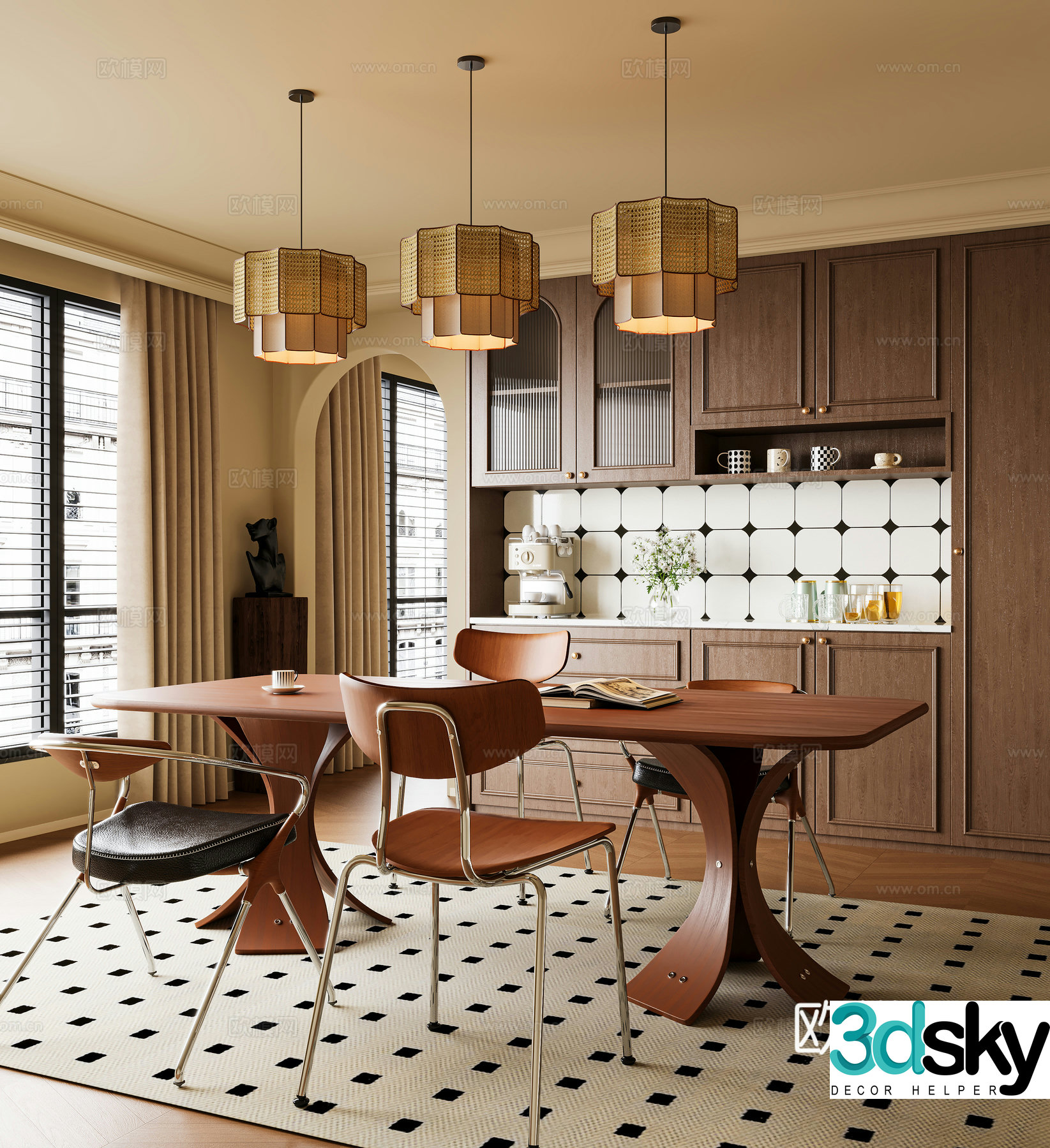 Dining table chair single chair French medieval home restaurant French medieval villa restaurant retro medieval 3d model