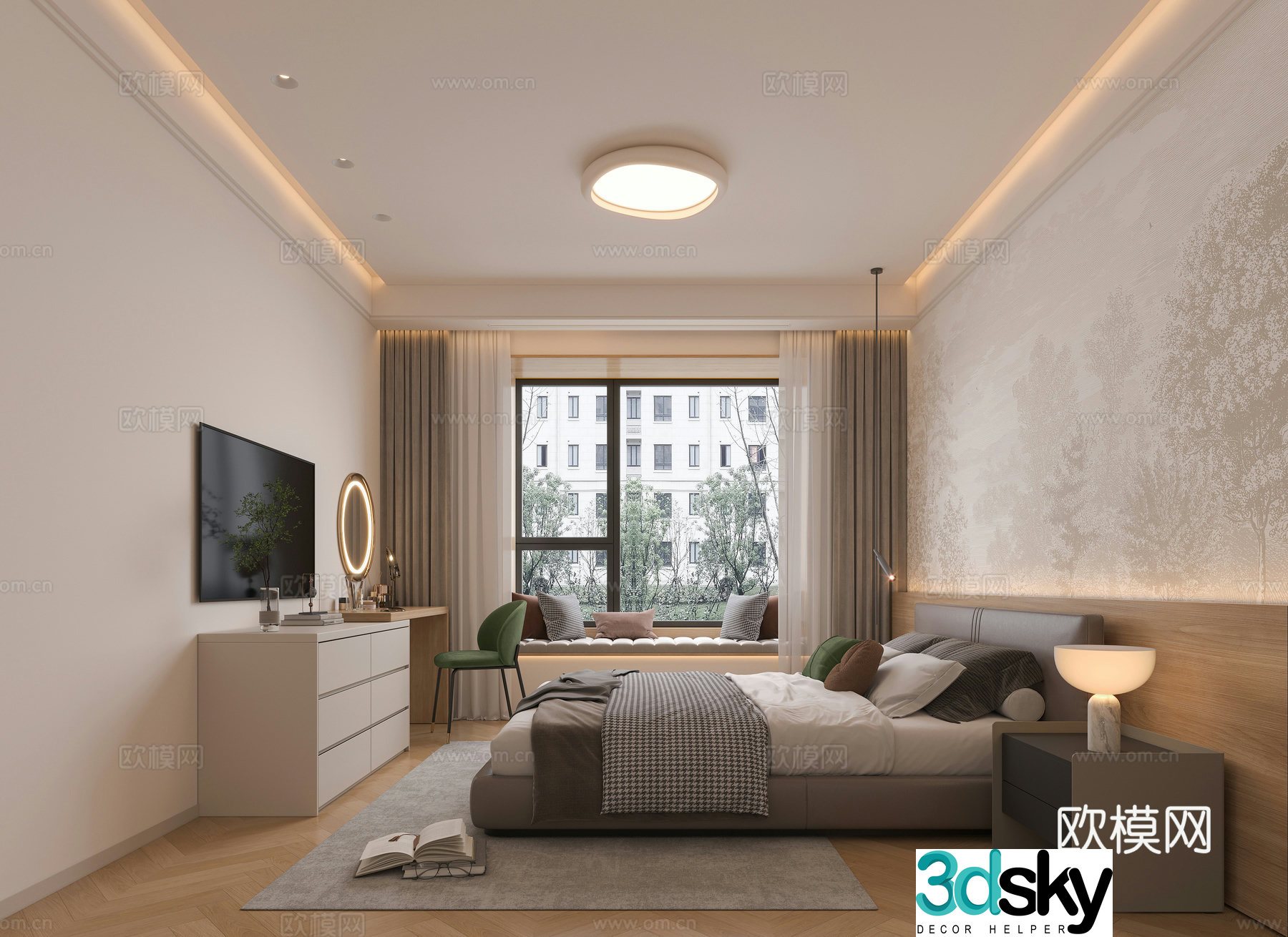 Modern bedroom bay window booth fabric bed wooden bedside cabinet desk one-piece wardrobe chair desk lamp wall panel wardrobe 3d model