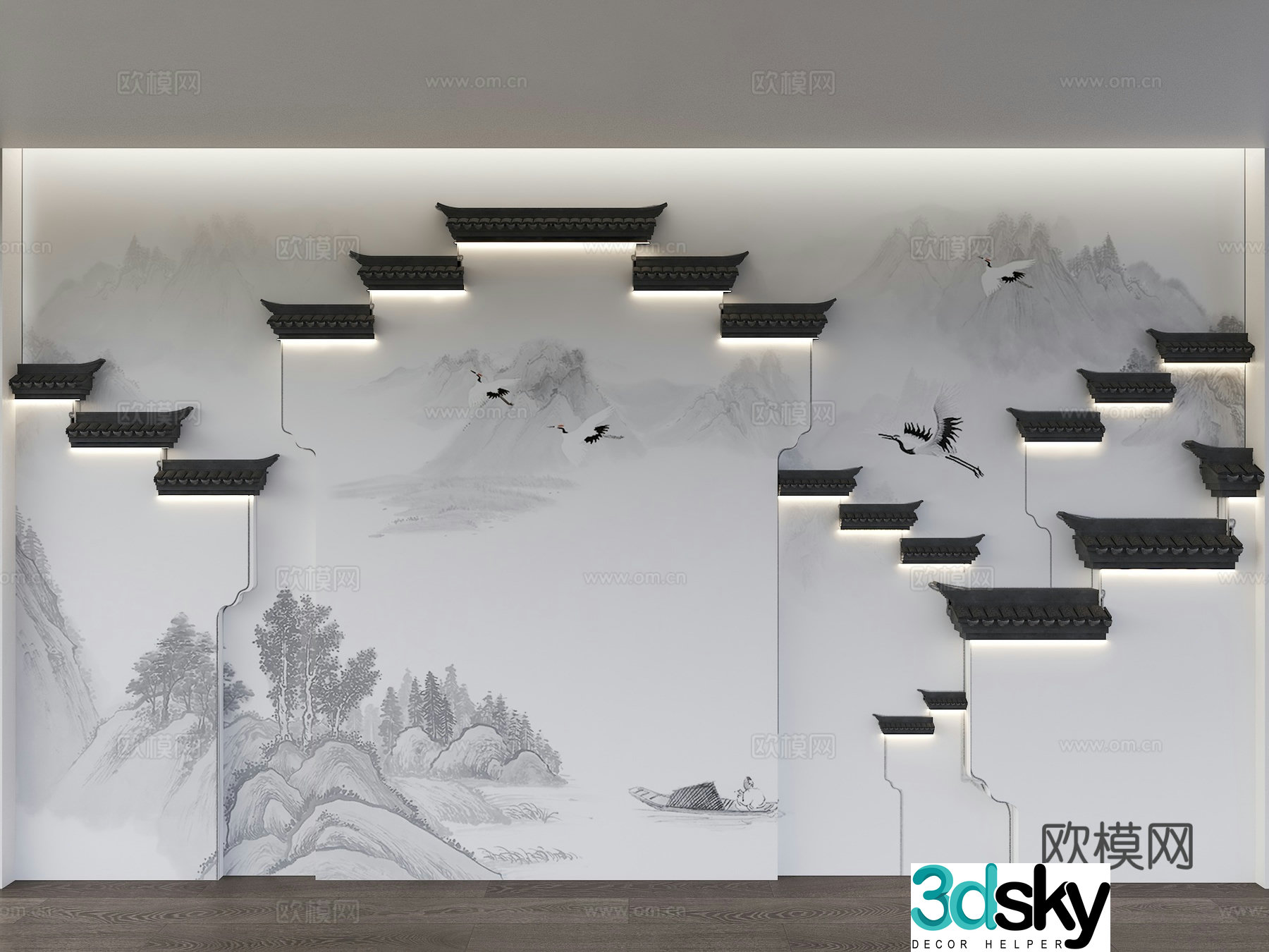 Chinese style background wall Horse head wall background wall Hui style building background wall Building outline background wall Water 3d model