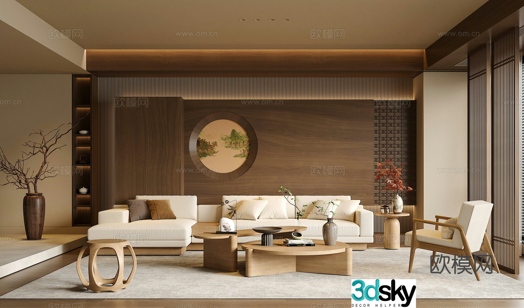 Song’s medieval style living room sofa and coffee table combination green plants accessories desk lamp chandeliers back 3D model