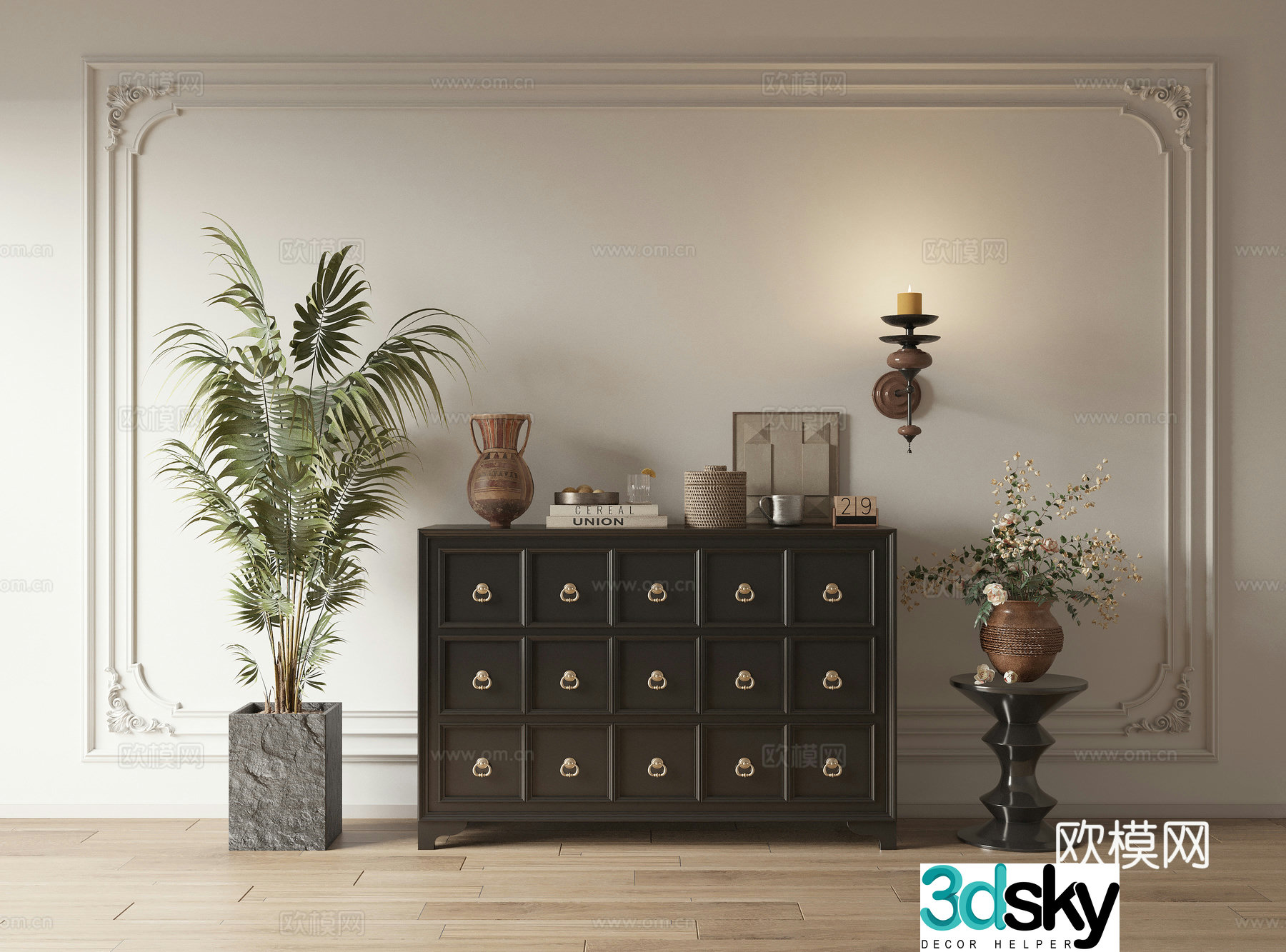 Low cabinet chest of cabinet decoration cabinet side wall lamp pot plant combination ornament side cabinet storage cabinet bookcase 3D model