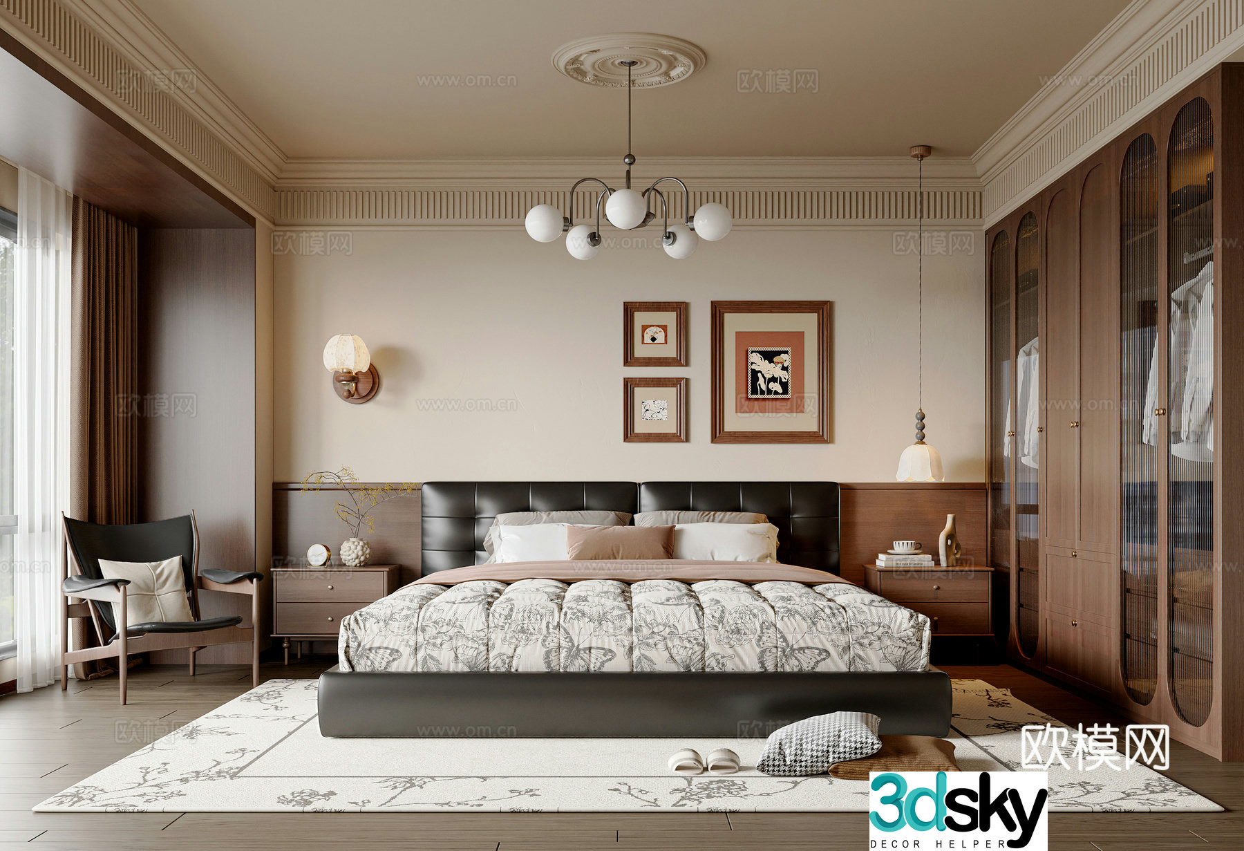 French medieval bedroom French double bed French chandeliers French wall lights Hanging paintings wardrobe 3D model