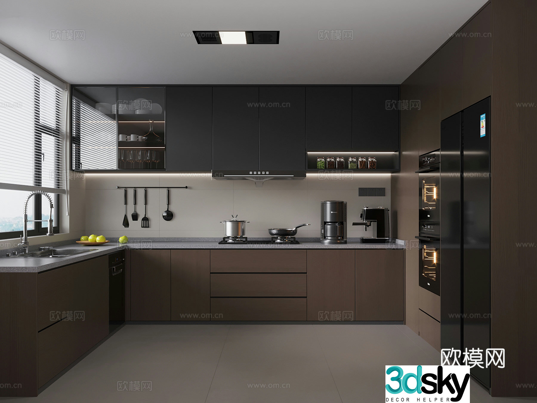Modern Italian kitchen hood stove refrigerator 3d model