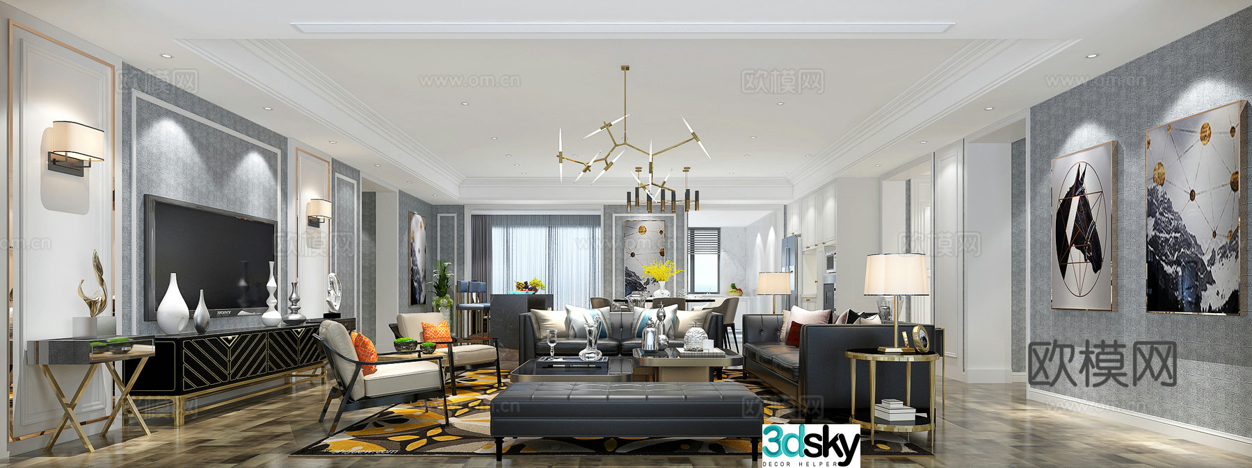 Postmodern living room sofa and coffee table combination TV cabinet TV background wall wall decoration painting 3D model