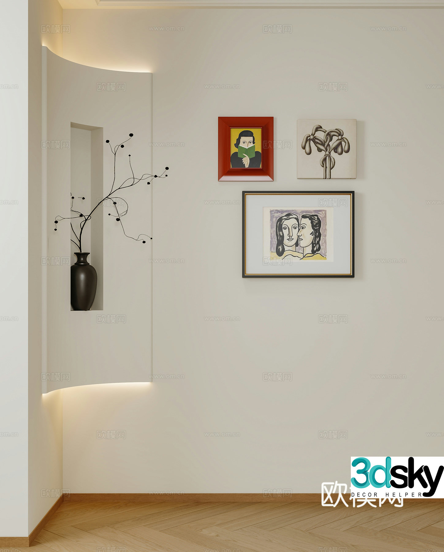Modern medieval combined paintings hanging paintings decorative paintings arc background wall potted ornaments plant ornaments 3D model