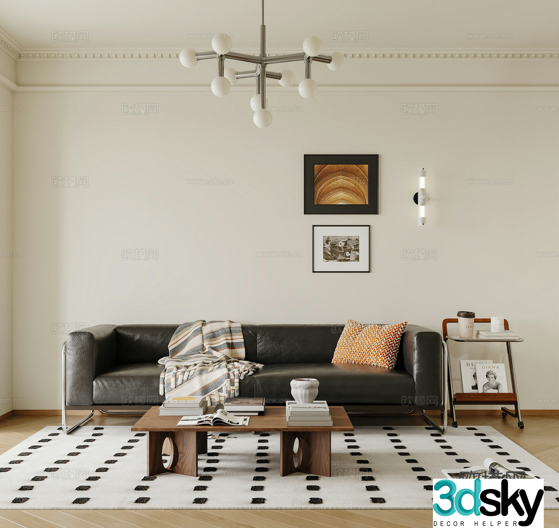 Modern medieval sofa combination leather sofa medieval style edge table medieval style coffee table chandelier set 3D model
