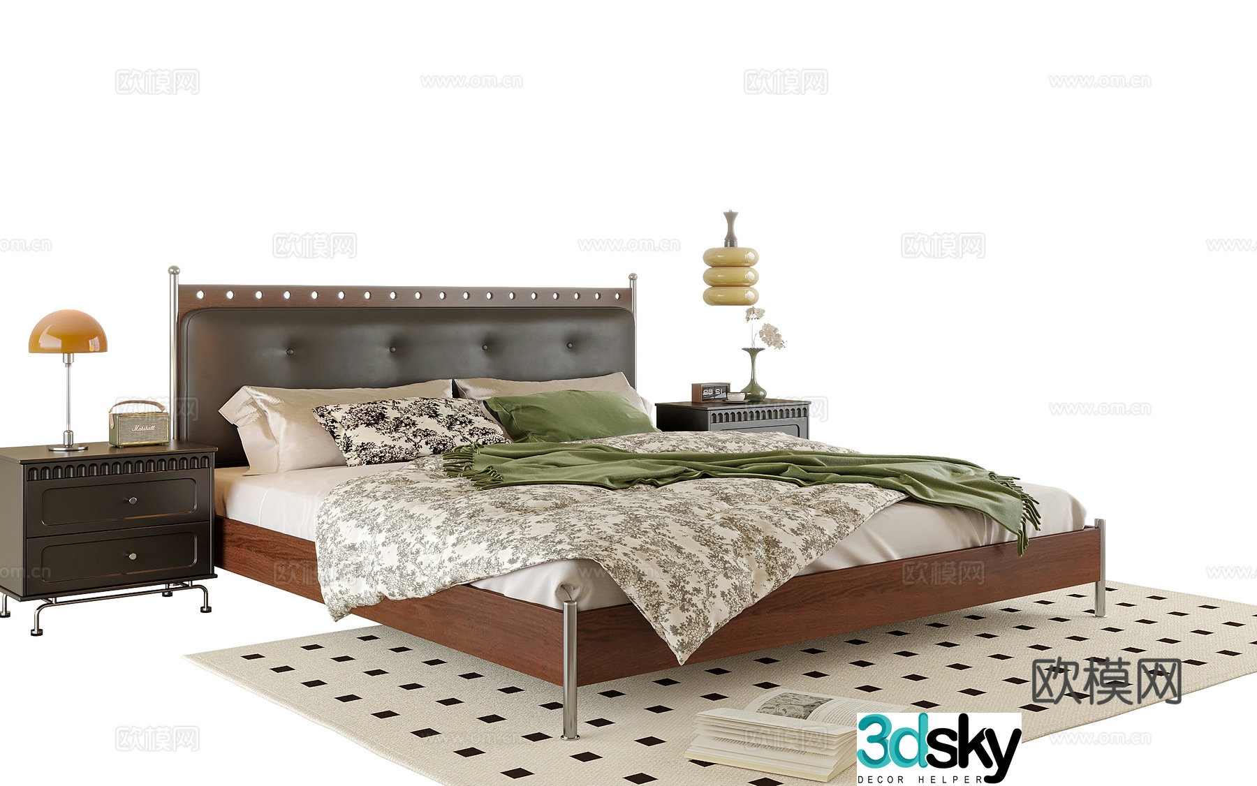 French double bed nightstand bedside chandeliers 3d model