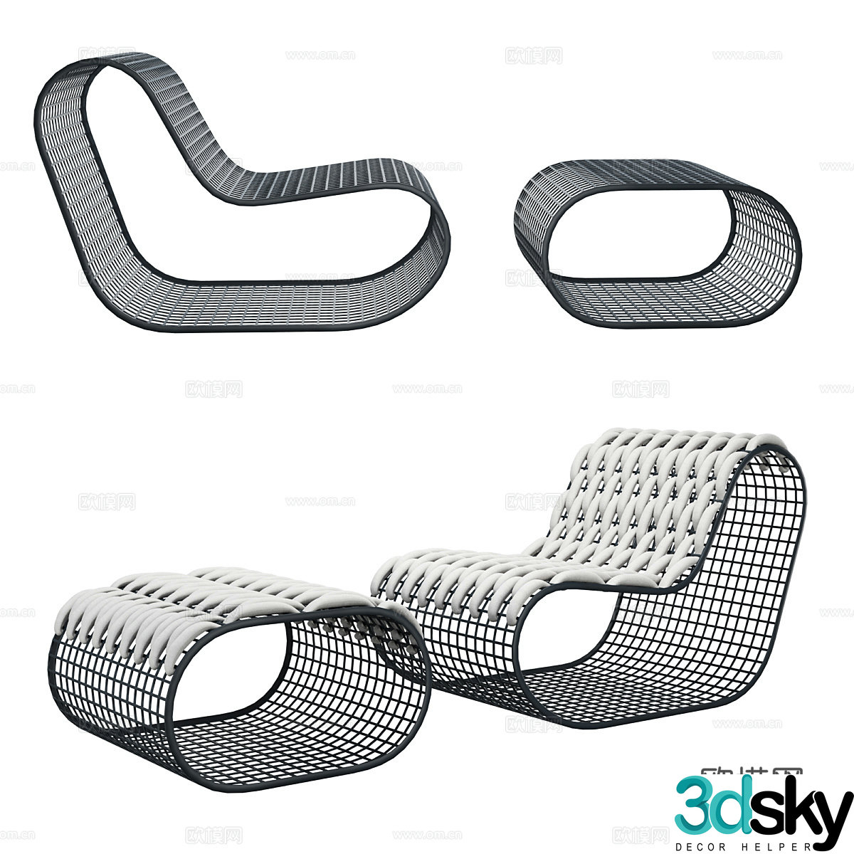 Modern Italian minimalist stainless steel rattan lounge chair 3D model