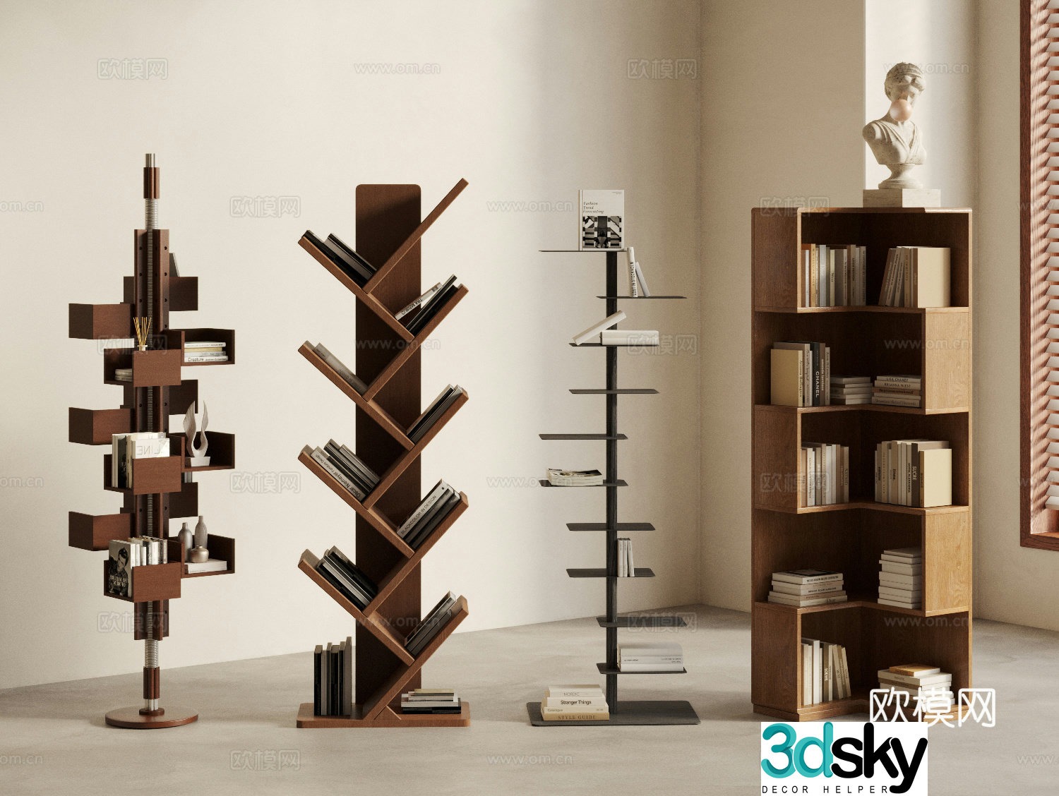 Modern Middle Style Bookshelf Rotating Bookshelf Corner Bookcase Books Ornament 3D Model