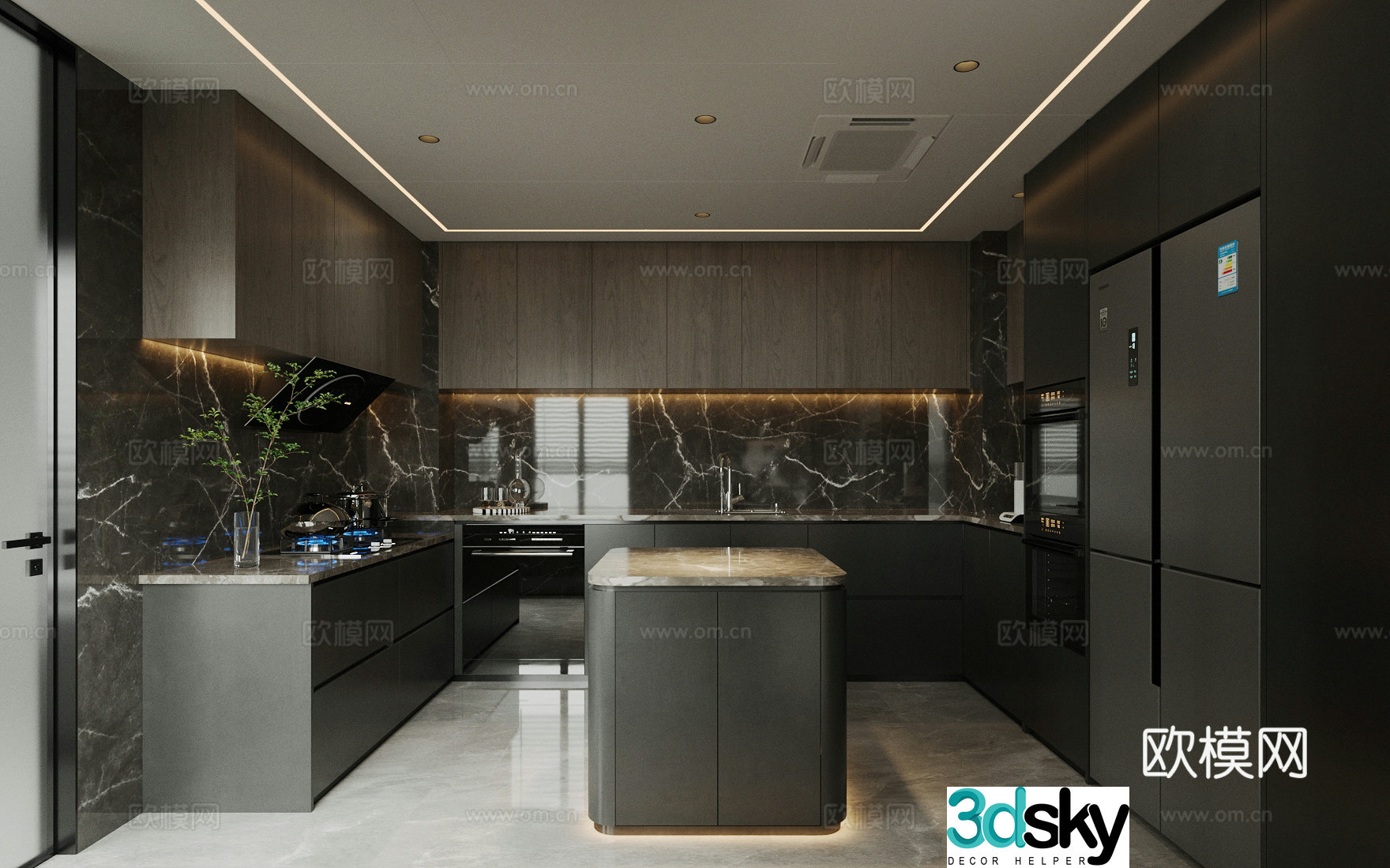 Modern light luxury enclosed kitchen Light luxury Italian kitchen Island kitchen Black and white and gray kitchen L-shaped 3D model