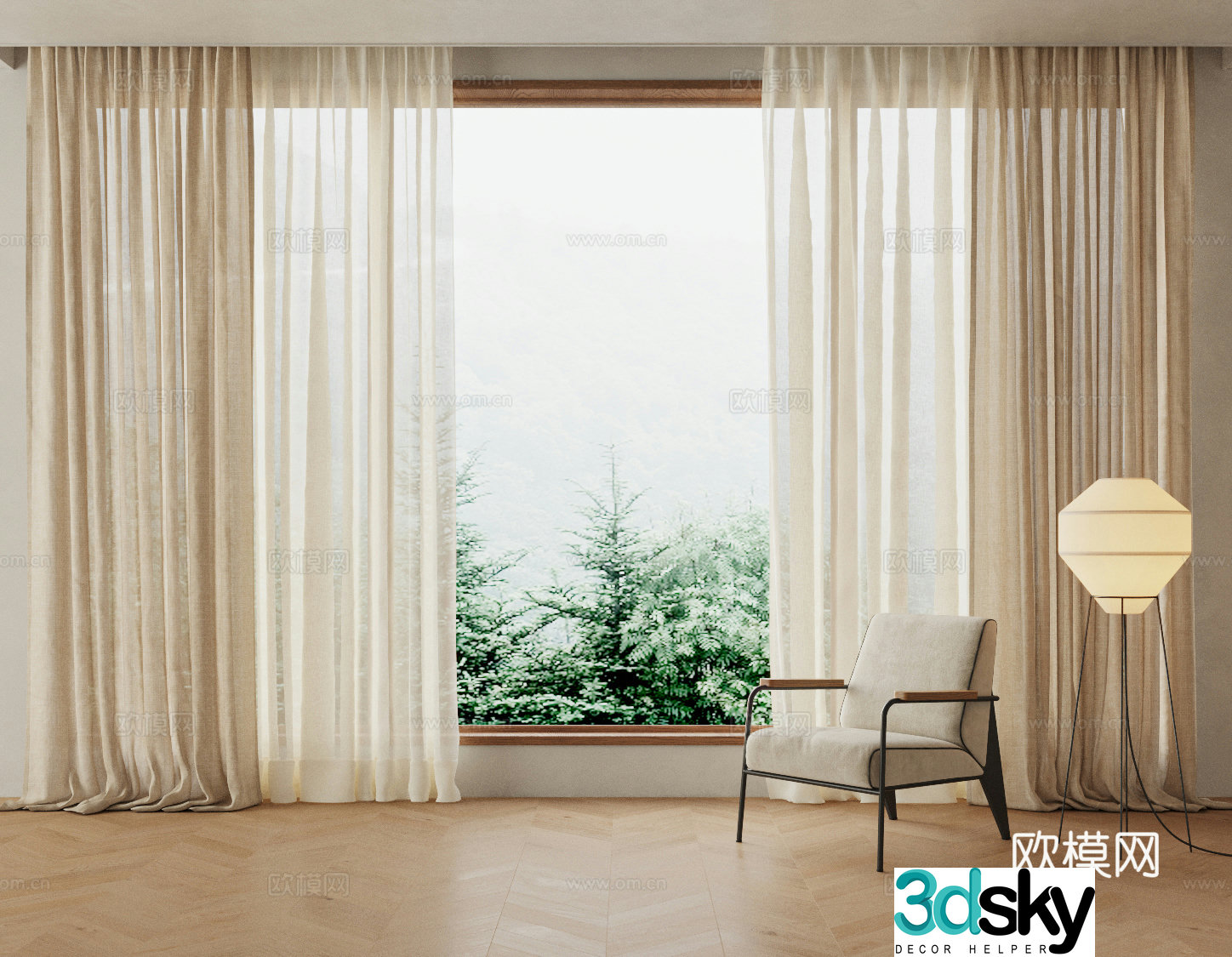 Modern Middle Style French Cream Style Universal Curtain Cotton Line Curtain 3D Model