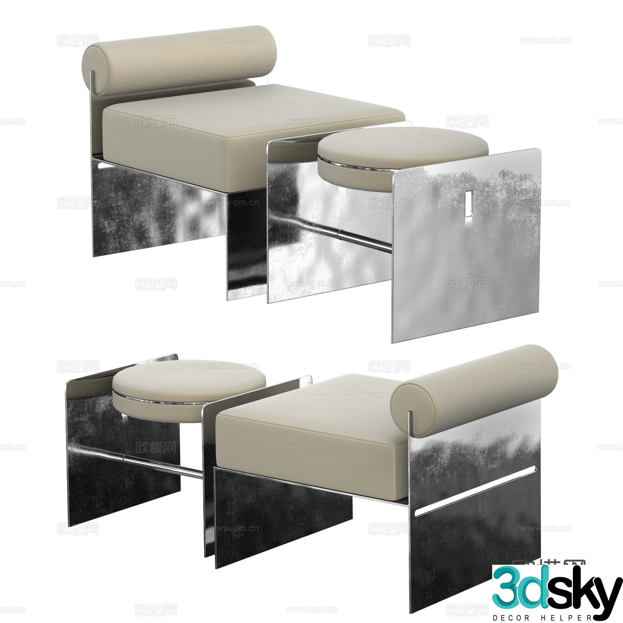 Modern Italian minimalist stainless steel metal lounge chair 3d model