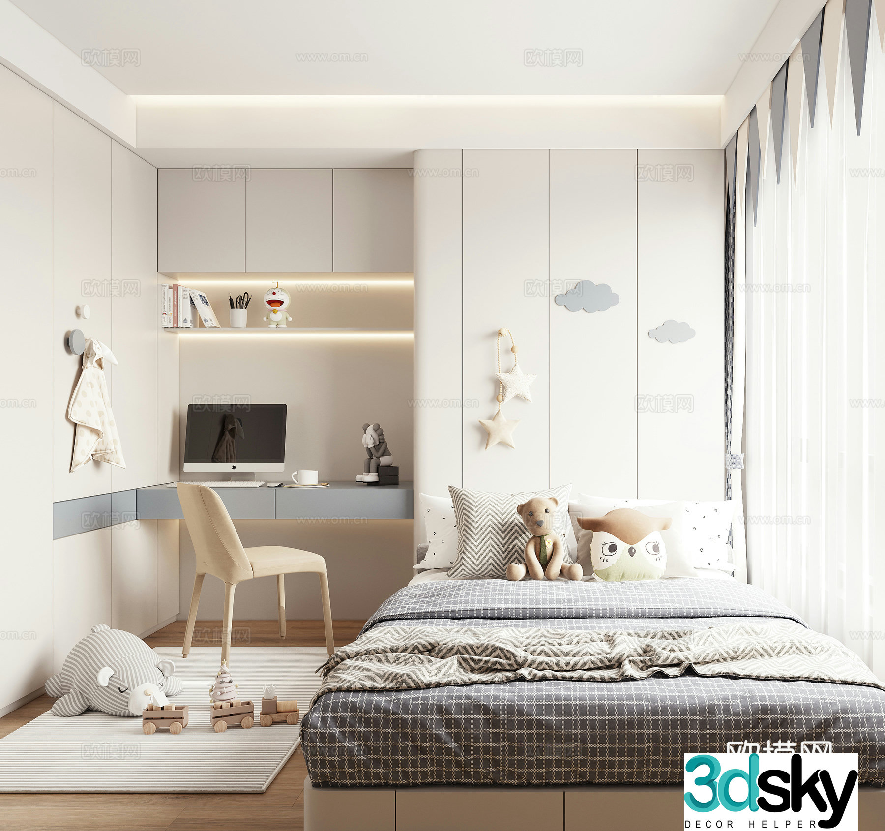 Modern cream style children’s bedroom multi-functional room children’s room study tatami bedroom desk boy 3d model