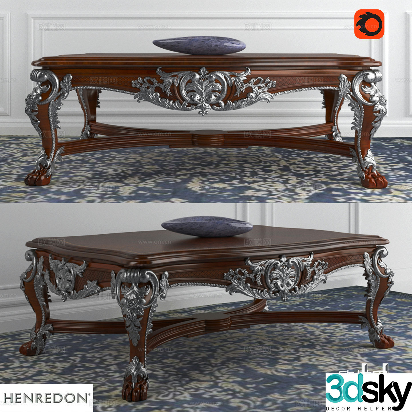 European solid wood carved tea table 3D model