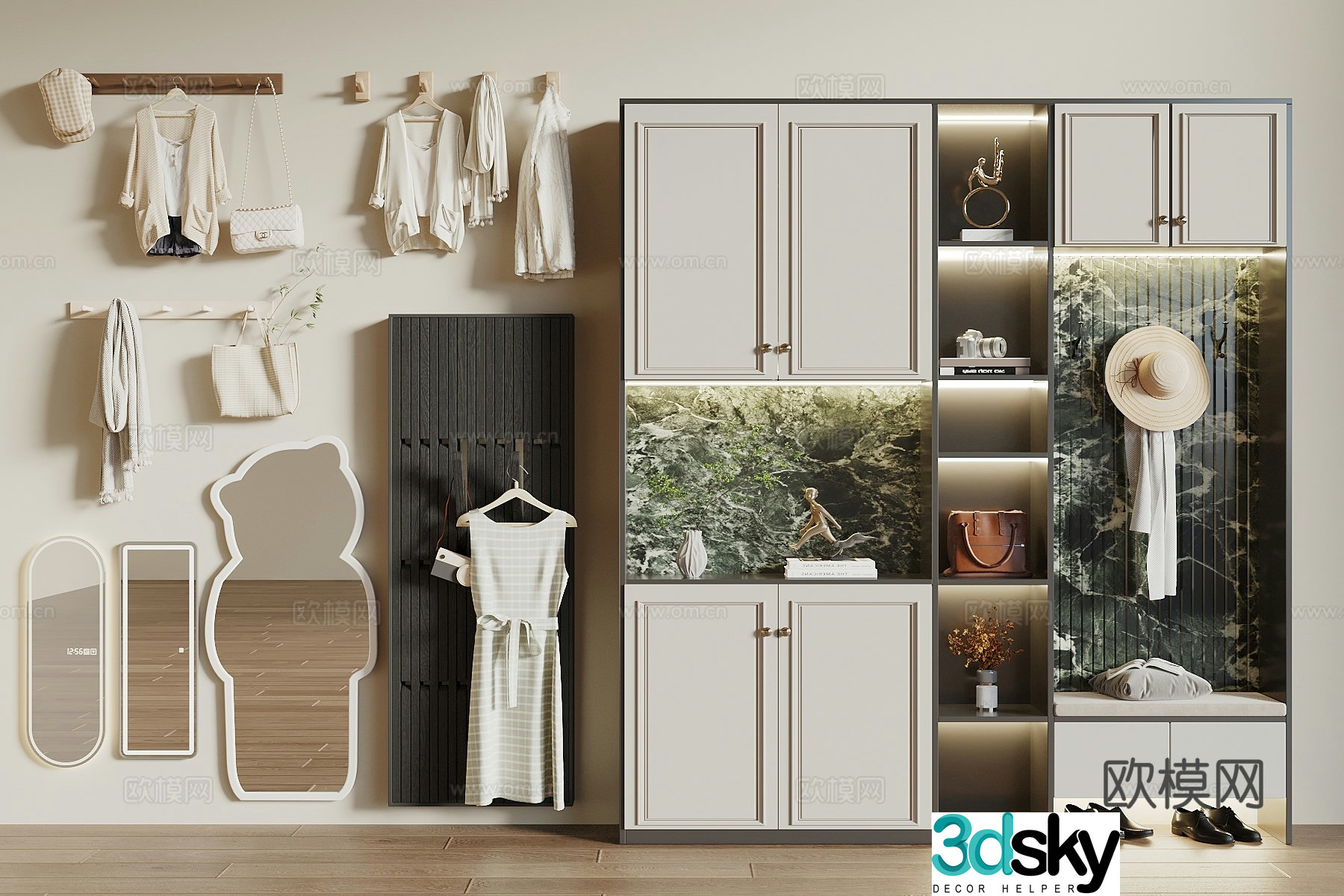 Modern French style shoe cabinet clothes rack clothes hook mirror dressing mirror piano keys clothes hook 3D model