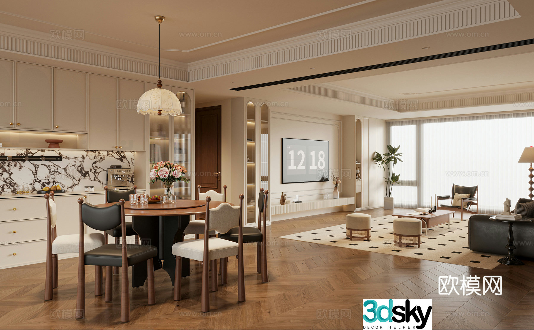 French medieval style dining room round dining table and chair sideboard French TV cabinet sofa and coffee table 3D model