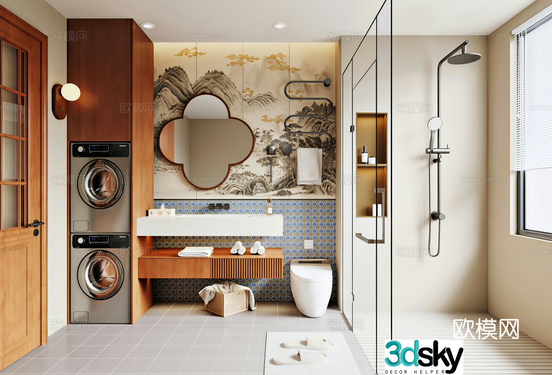 New Chinese Song style bathroom bathroom cabinet bathroom mirror bathroom door washing machine cabinet shower horse 3d model