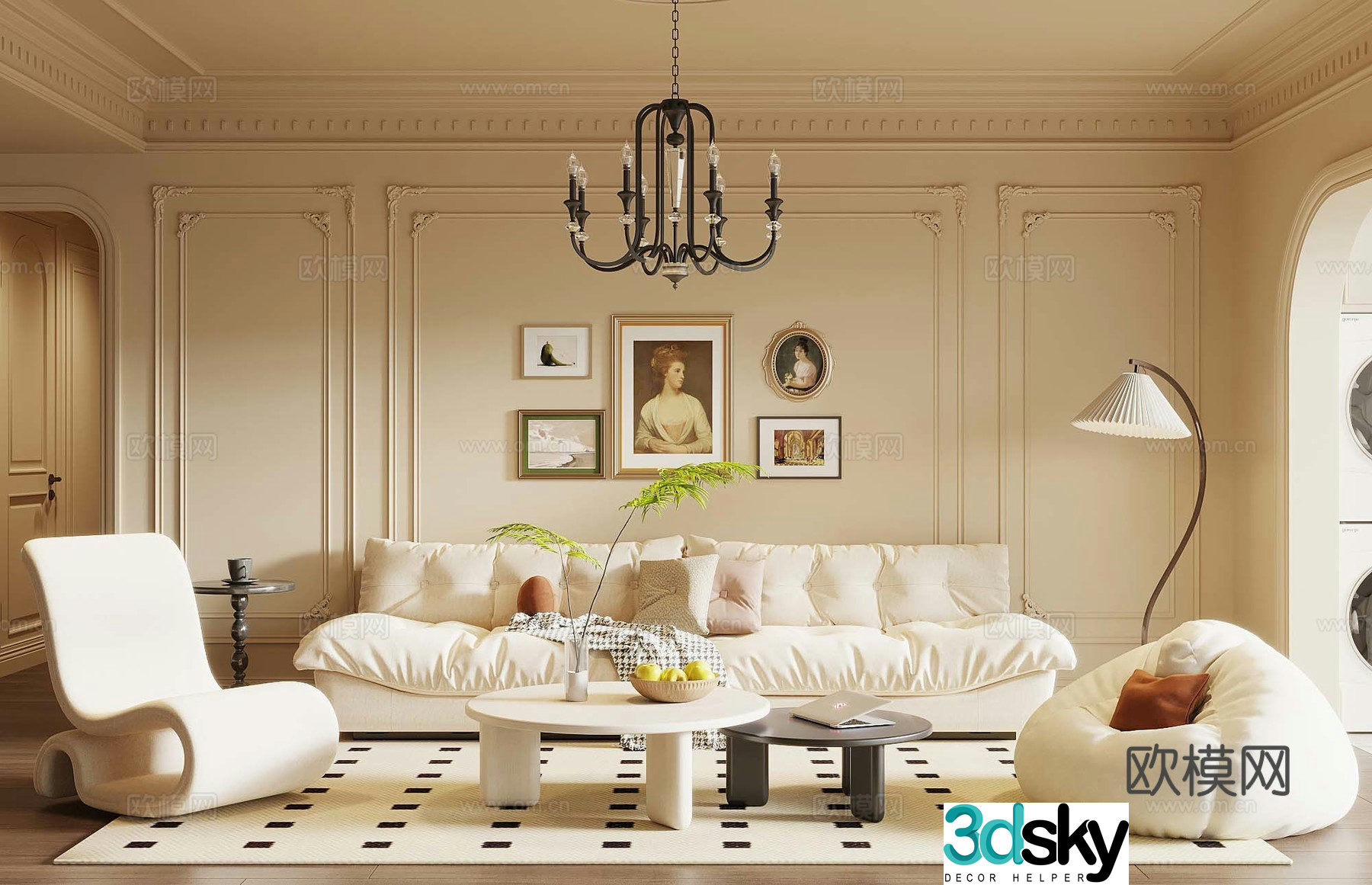 French creamy living room sofa background wall sofa coffee table combination 3d model