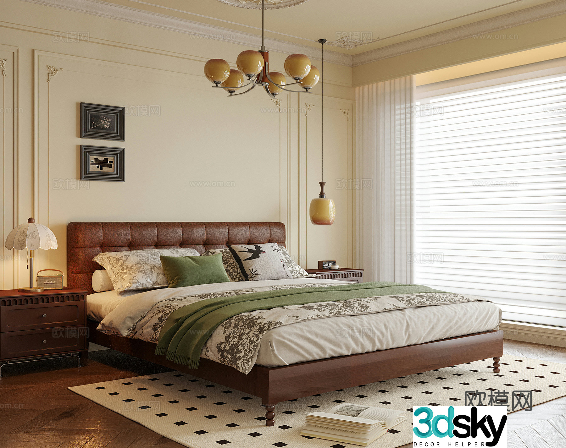French bedroom double bed nightstand bedroom chandeliers 3d model