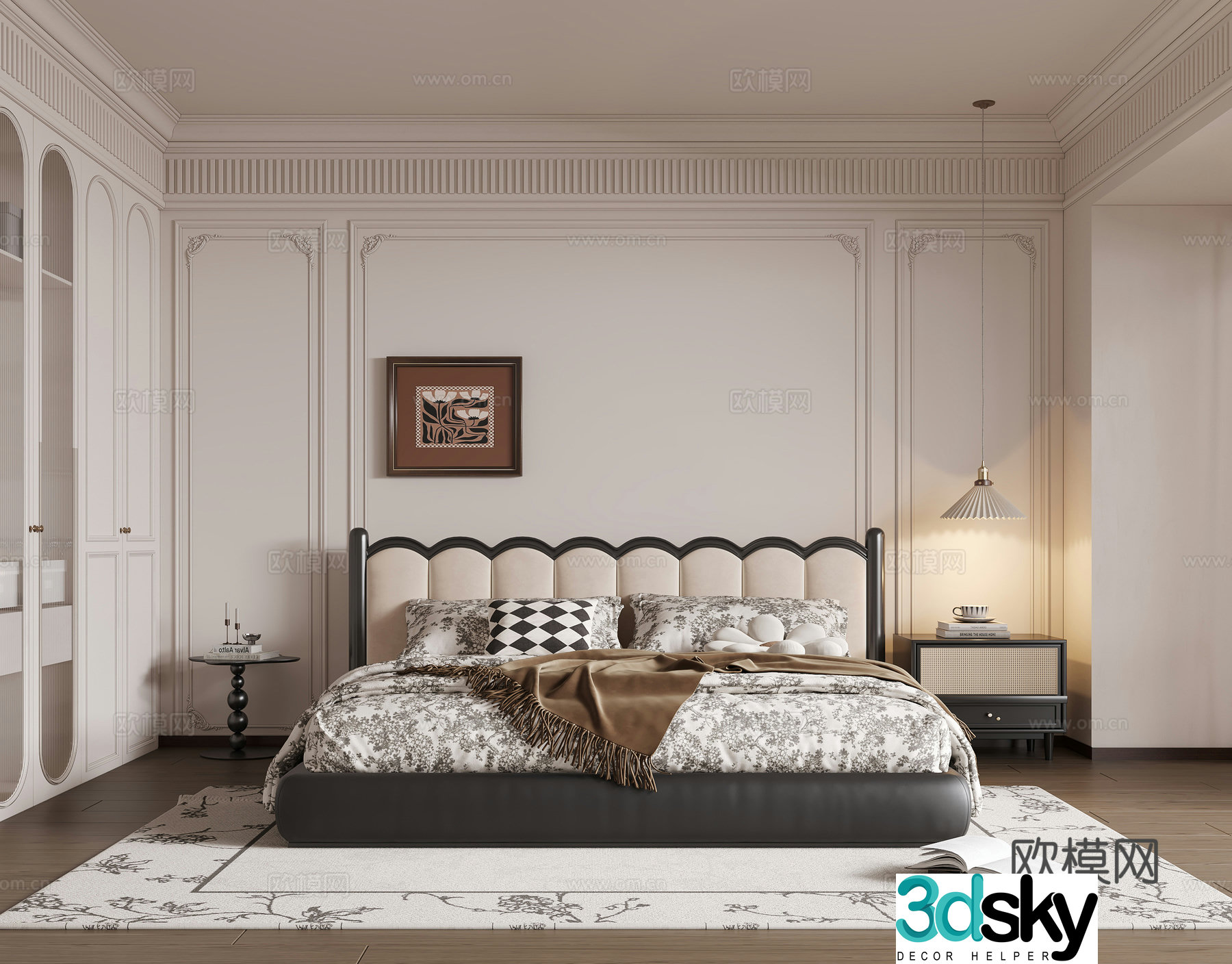 French bedroom French double bed wardrobe chandelier hanging painting French bedside table carpet 3d model