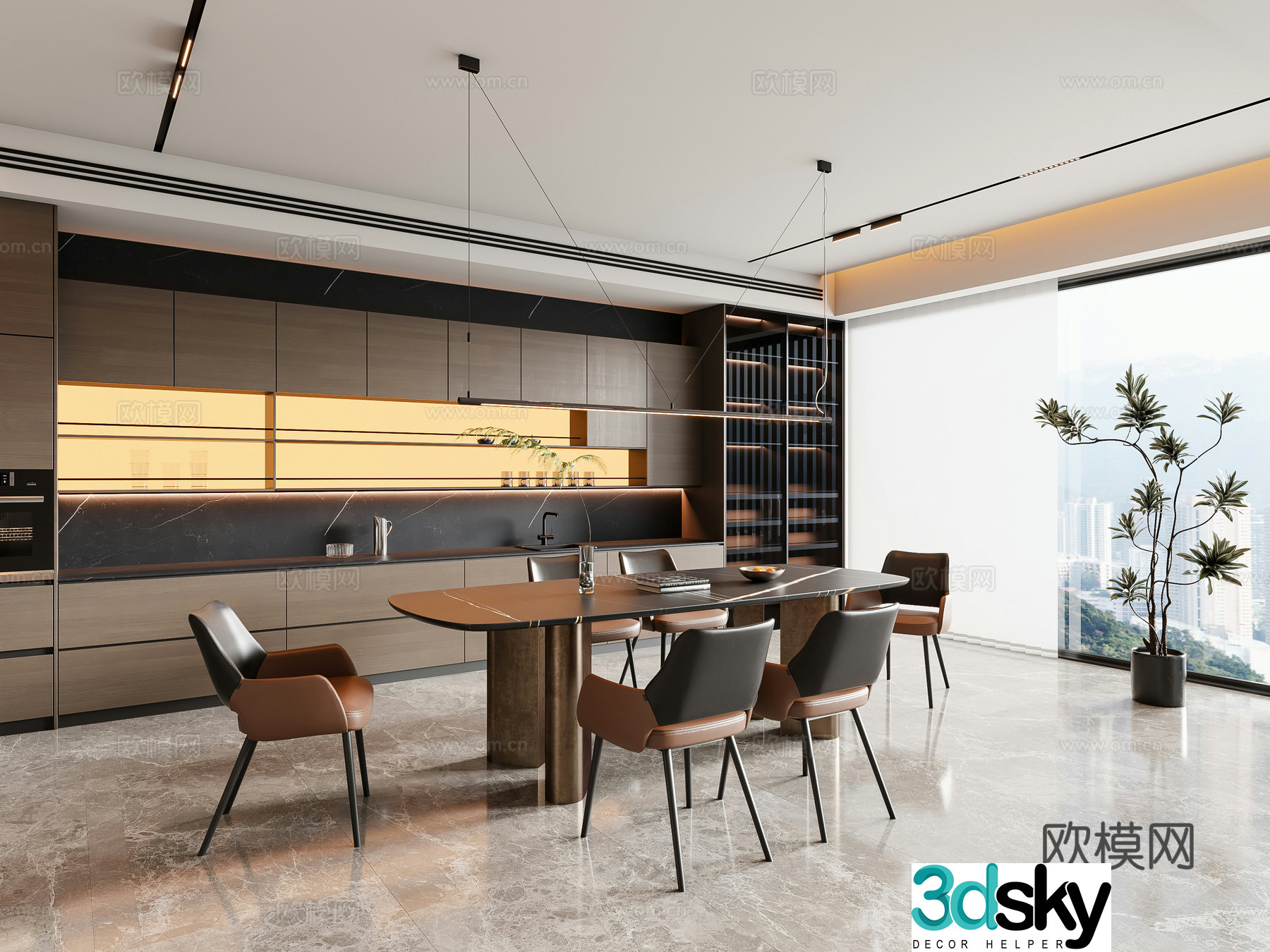Modern Italian restaurant dining table and chair chandeliers wine cabinet sideboard 3d model