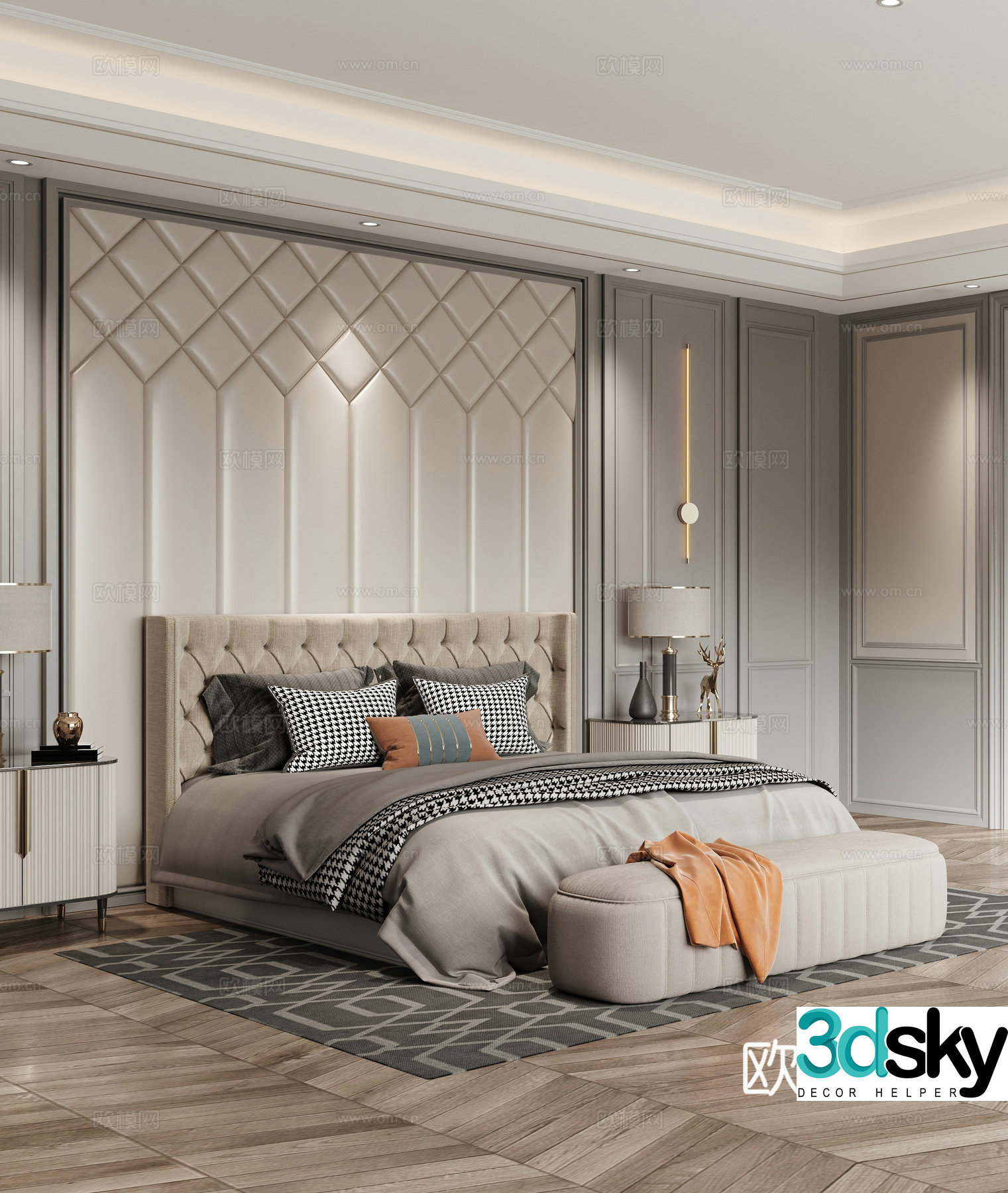 Simple European French Club Master Bed Desk Middle-aged Painting Bookcase 3D Model