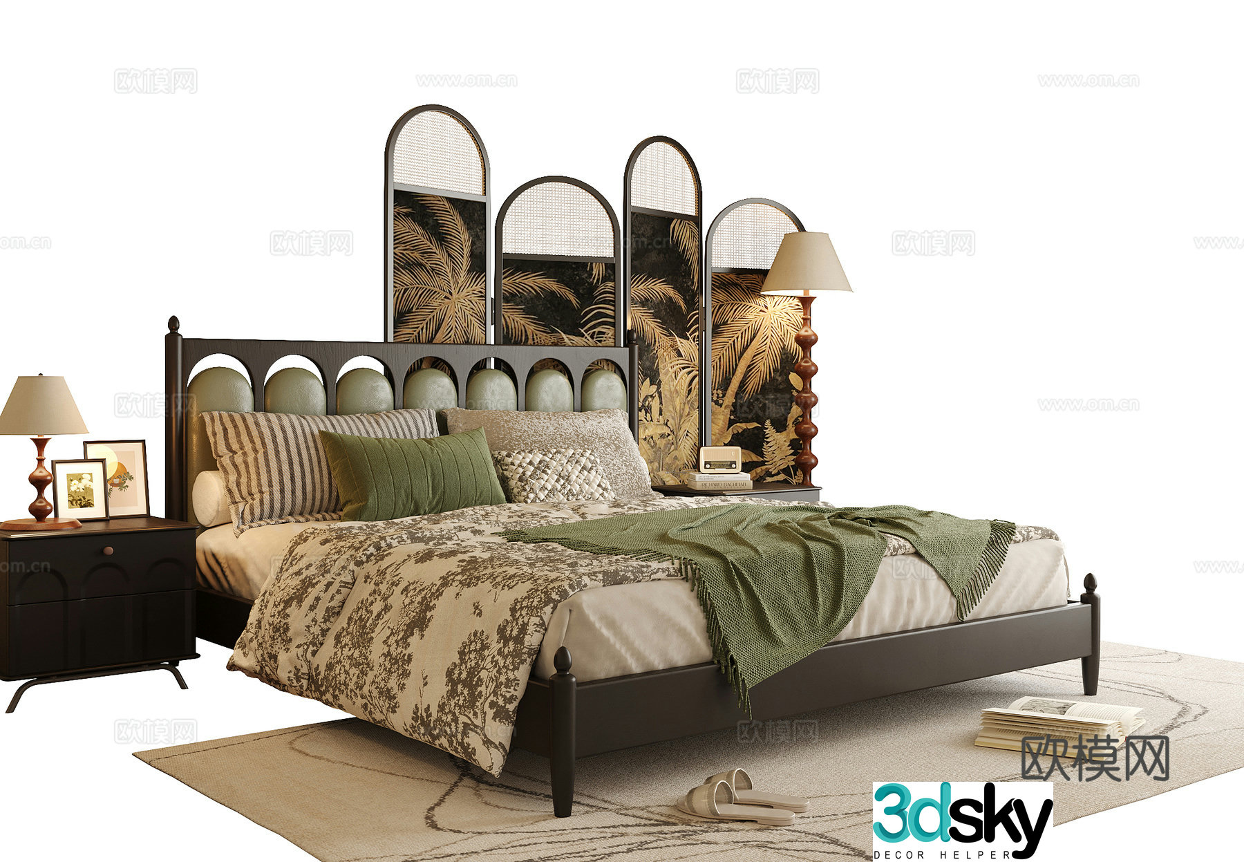 French double bed screen partition floor lamp nightstand 3D model