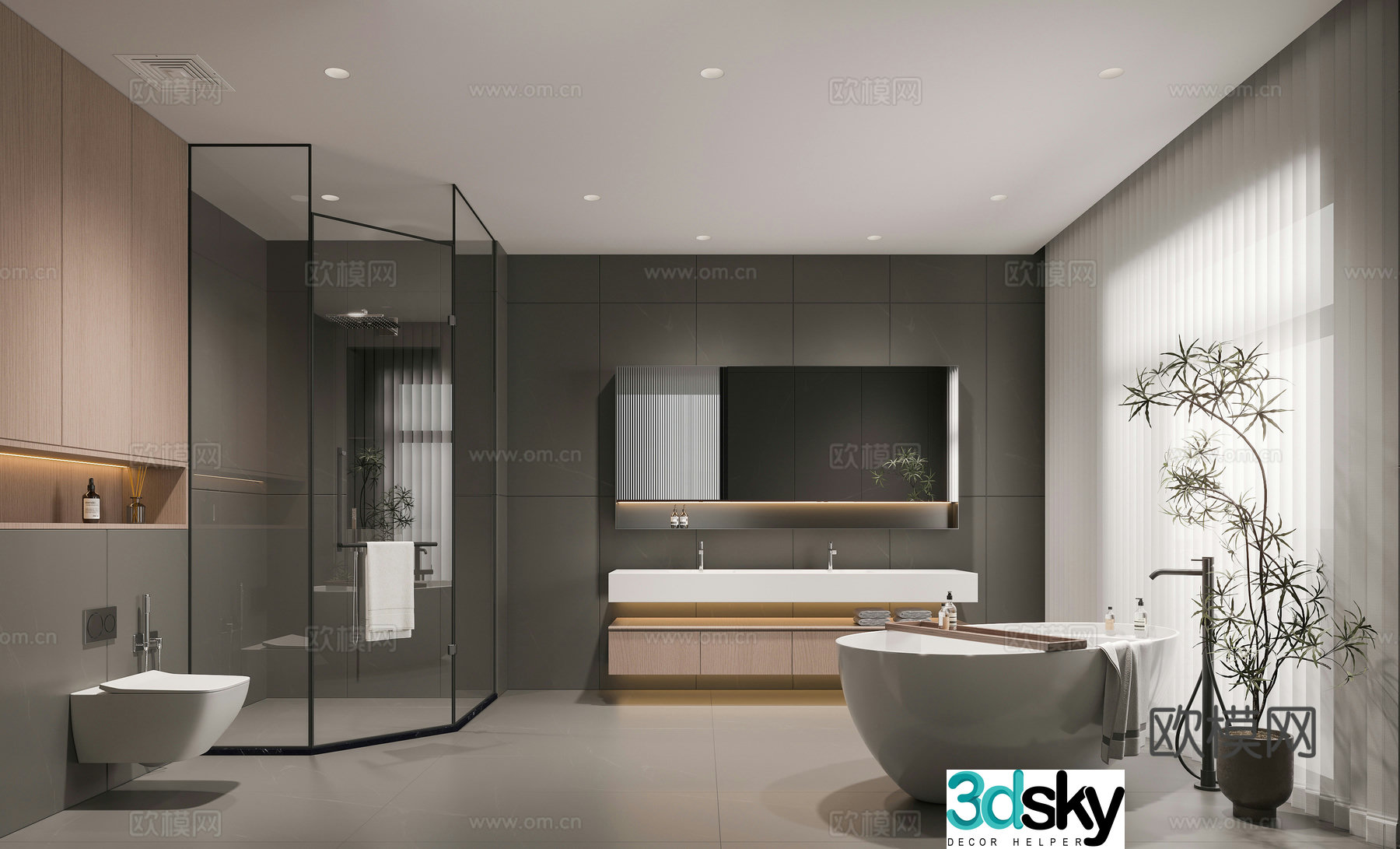Modern minimalist bathroom Modern bathroom Crystal wall lamp Stone parquet bathroom mirror hanging bathroom cabinet shower 3d model
