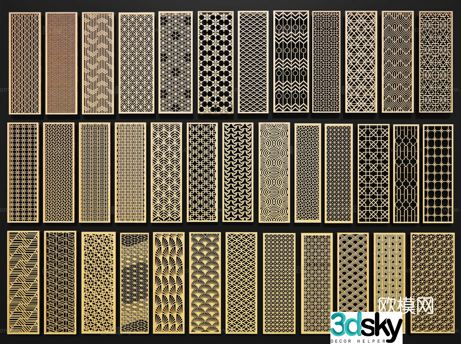 New Chinese-style screen partition metal grille carved partition carved window window grille pane hollow carved 3D model