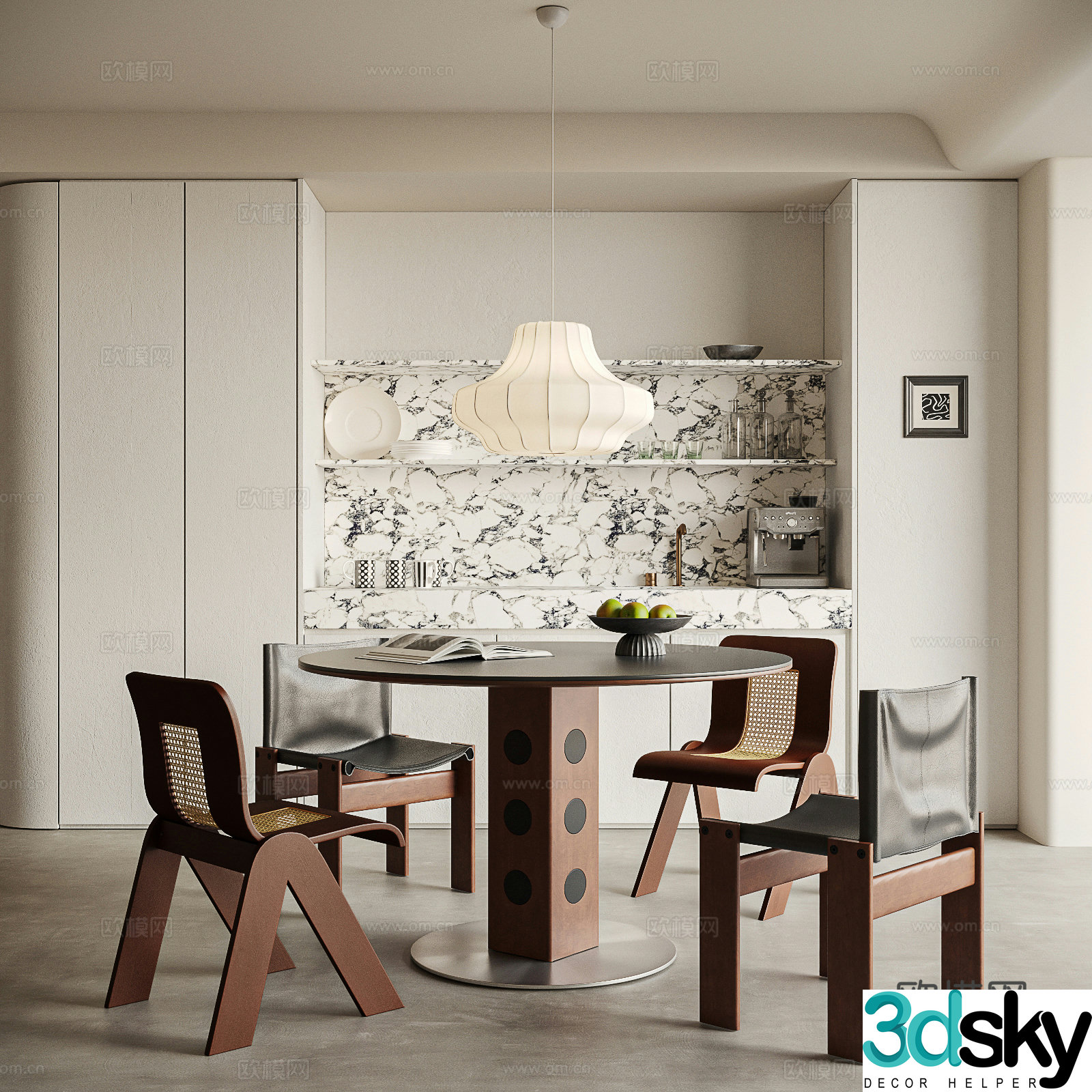 Modern medieval style restaurant dining table and chair sideboard tableware kitchen utensils coffee maker chandelier 3d model