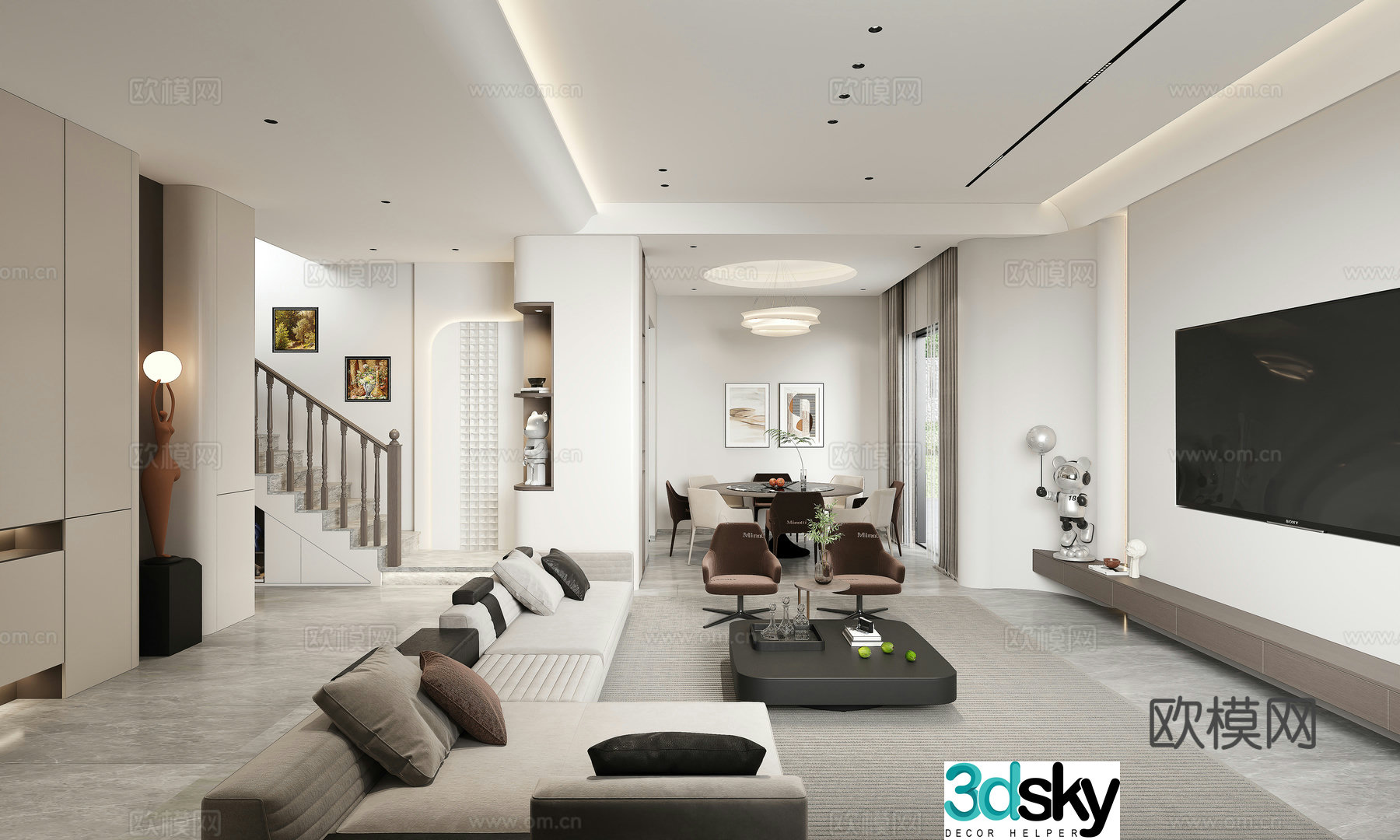 Modern living and dining room 3d model