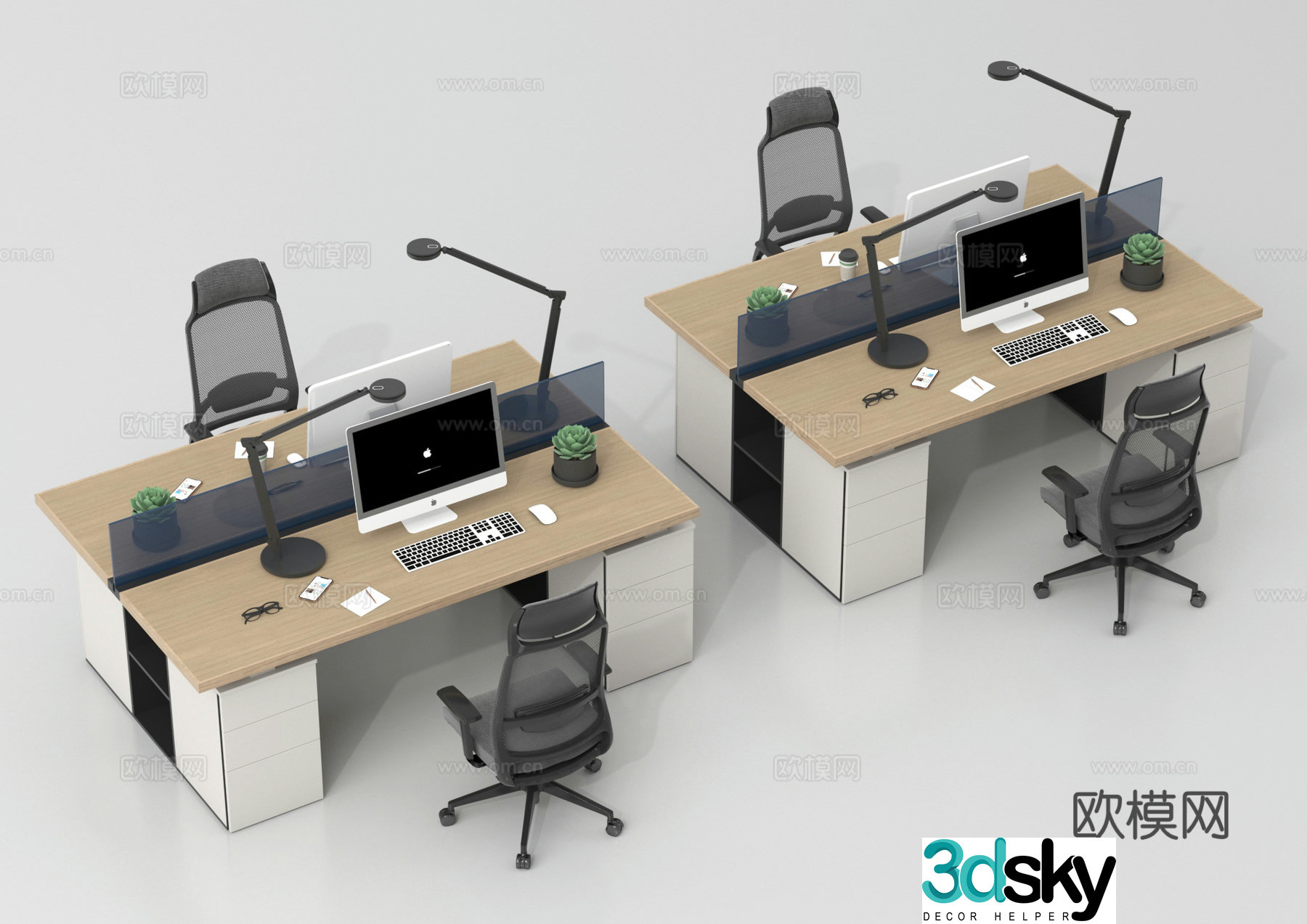 Modern office desk chairs posts positions workstations table tables 3D model
